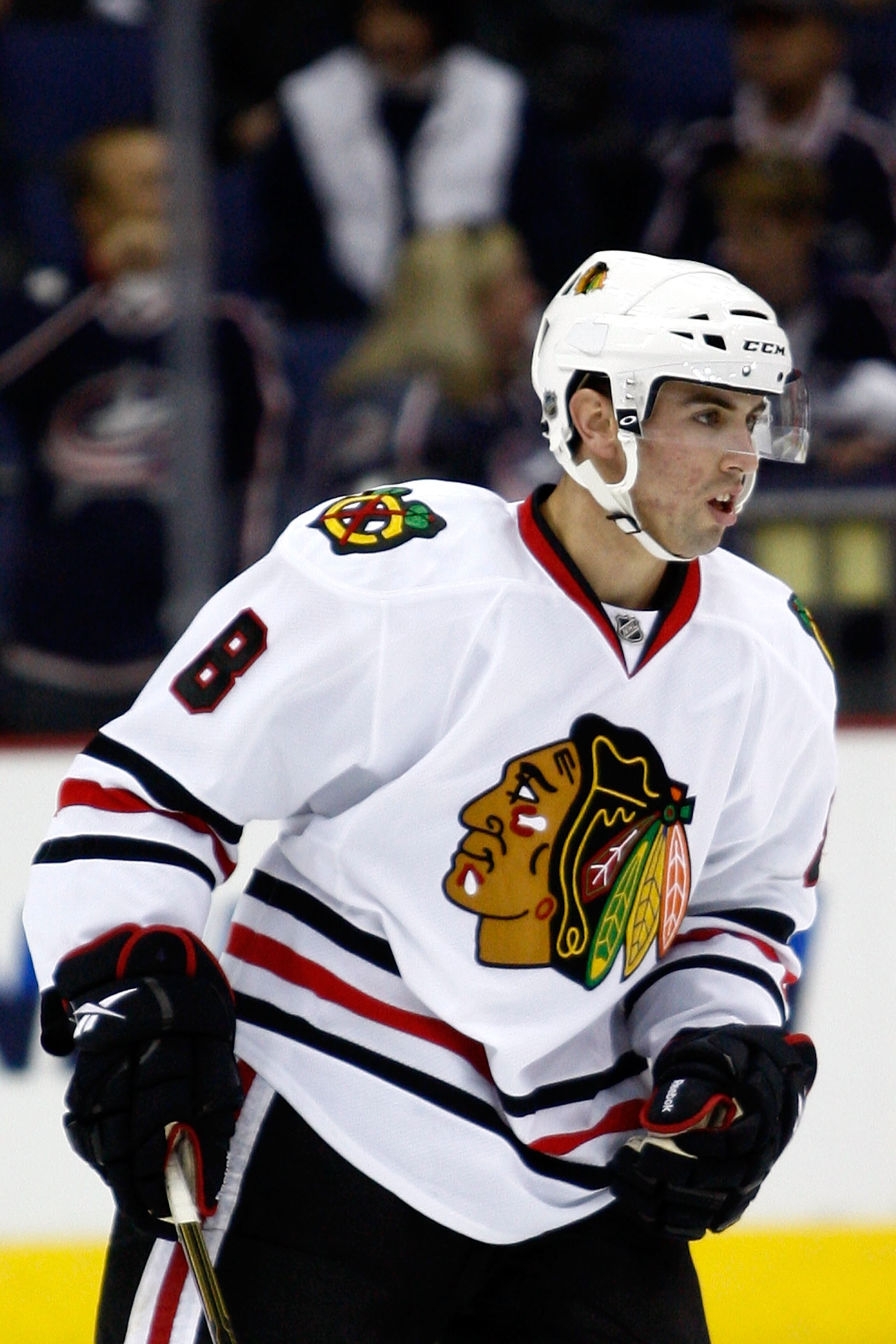 COLUMBUS,OH - October 15:  Nick Leddy #8 of the Chicago Blackhawks skates with the puck during warm ups prior to the start of their game against the Columbus Blue Jackets on October 15, 2010 at Nationwide Arena in Columbus, Ohio.  (Photo by John Grieshop/