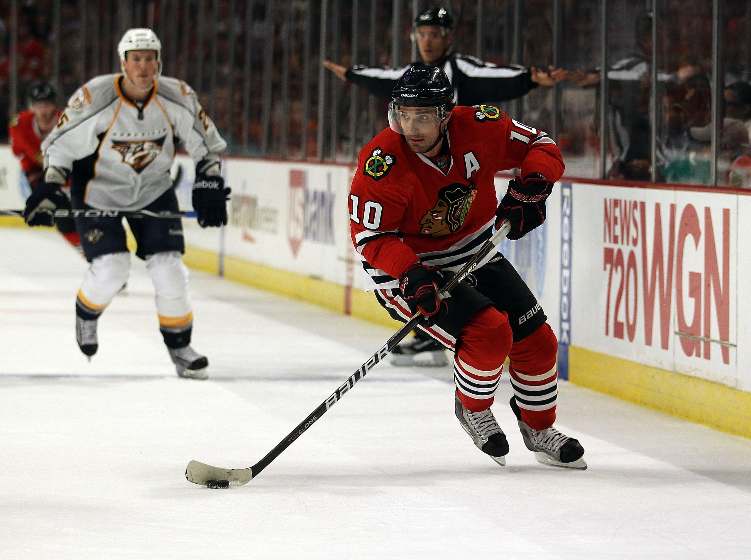 CHICAGO - OCTOBER 13: Patrick Sharp #10 of the Chicago Blackhawks skates up the ice against the Nashville Predators at the United Center on October 13, 2010 in Chicago, Illinois. The Predators defeated the Blackhawks 3-2. (Photo by Jonathan Daniel/Getty I