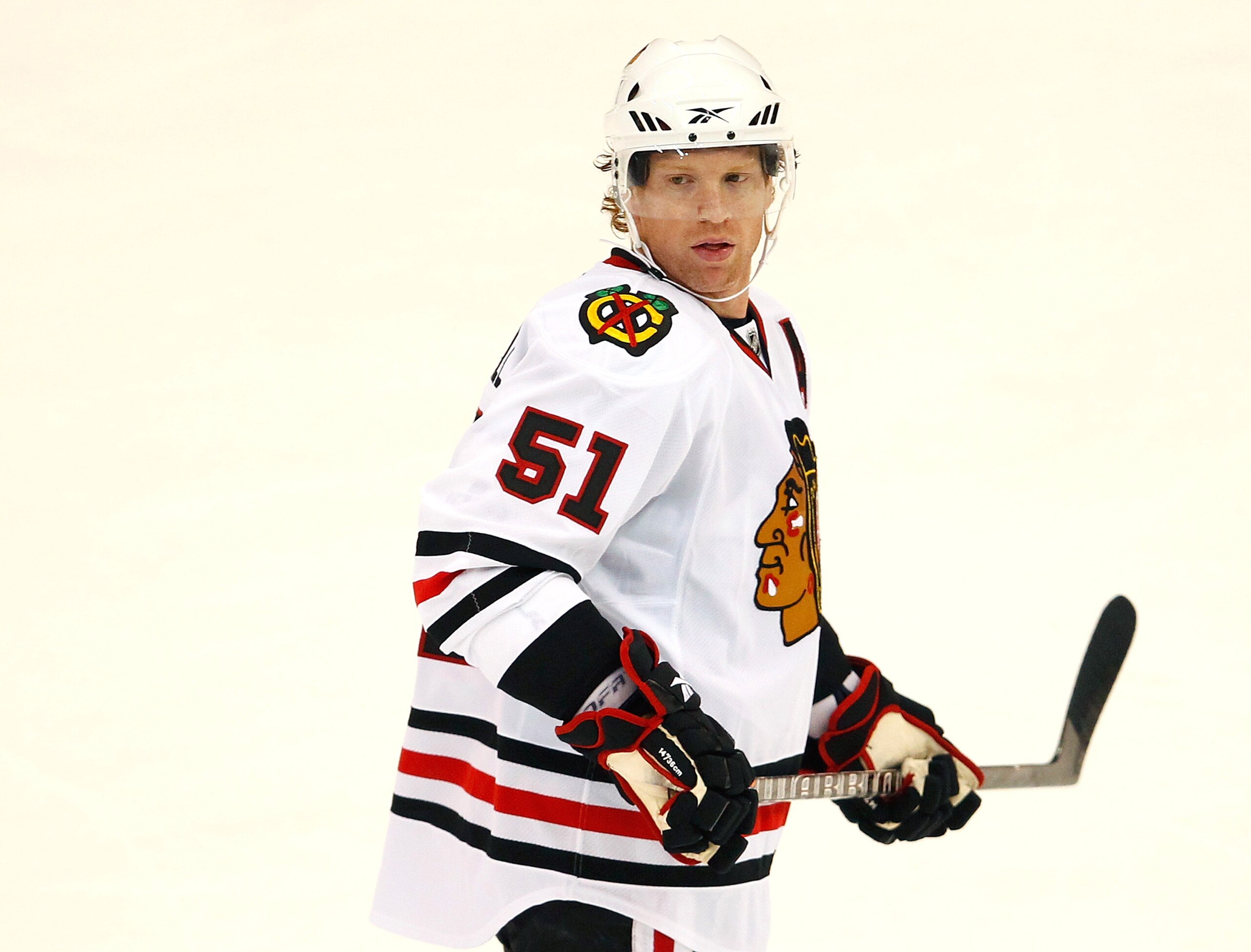 DETROIT - SEPTEMBER 24:  Brian Campbell #51 of the Chicago Blackhawks skates against the Detroit Red Wings during a pre season game on September 24, 2010 at Joe Louis Arena in Detroit, Michigan.  (Photo by Gregory Shamus/Getty Images)