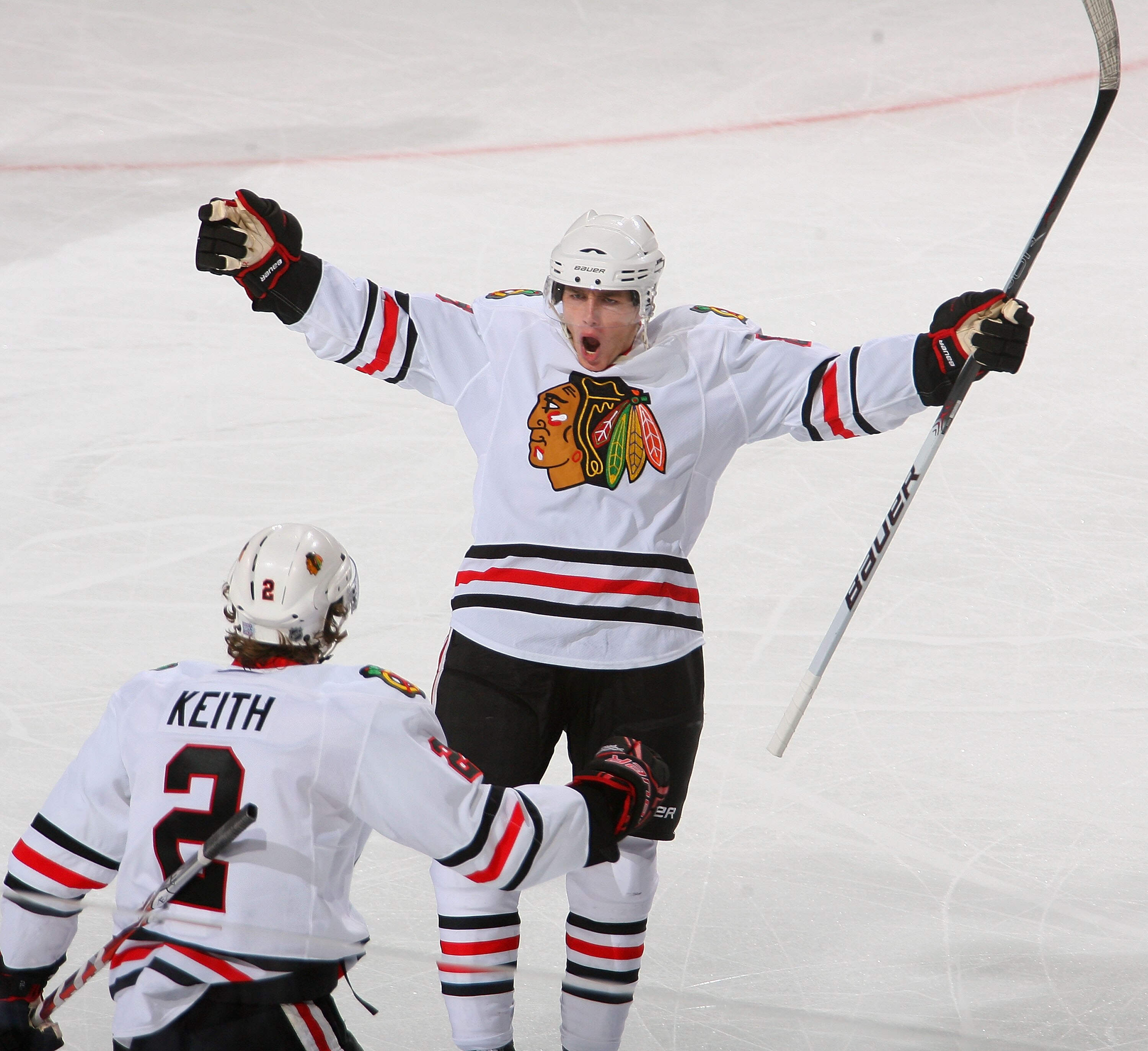 BUFFALO, NY - OCTOBER 11: Patrick Kane #88 and Duncan Keith #2 of the Chicago Blackhawks celebrate Kane's goal in the first period against the Buffalo Sabres  at HSBC Arena on October 11, 2010 in Buffalo, New York.  (Photo by Rick Stewart/Getty Images)
