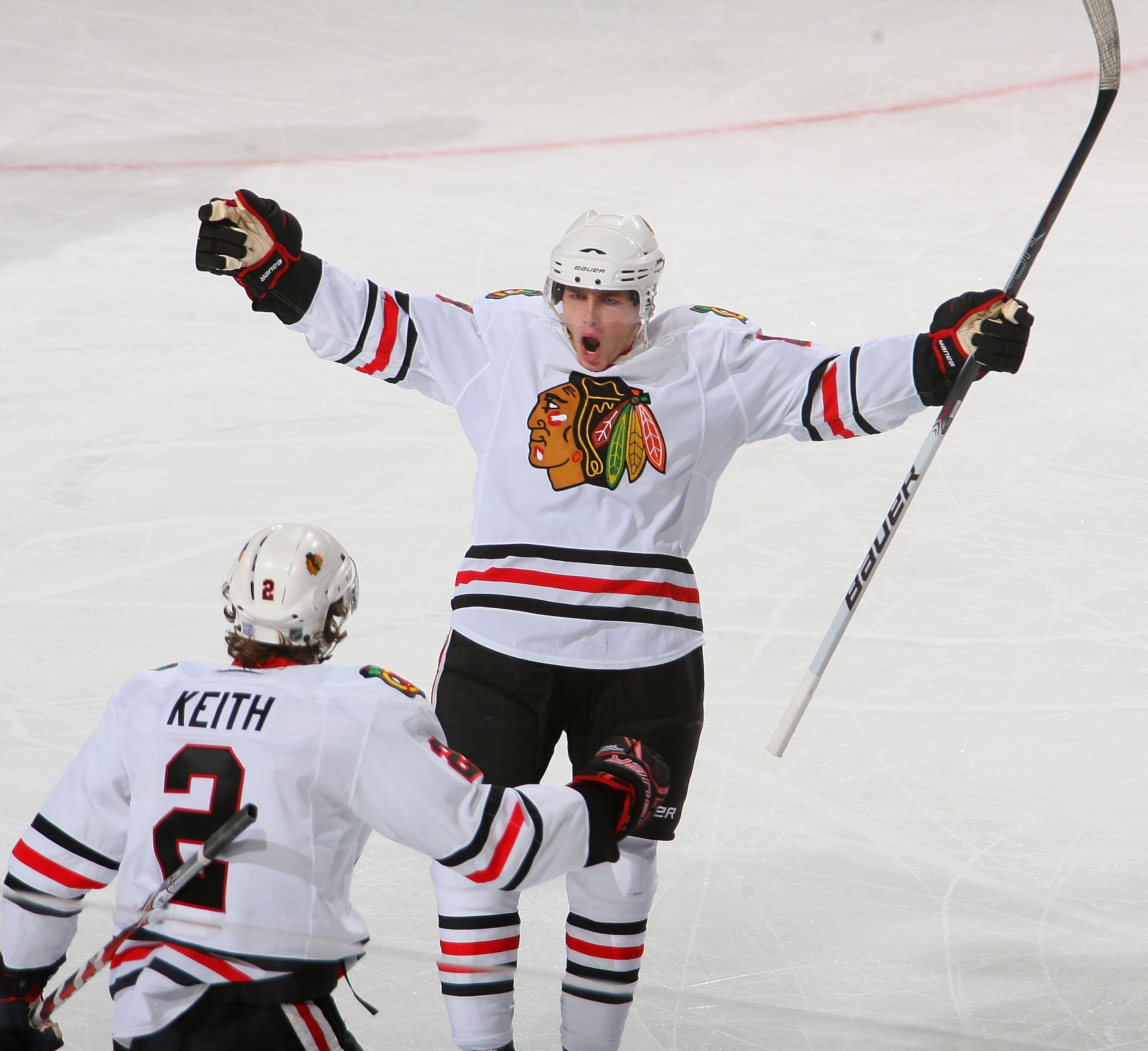 BUFFALO, NY - OCTOBER 11: Patrick Kane #88 and Duncan Keith #2 of the Chicago Blackhawks celebrate Kane's goal in the first period against the Buffalo Sabres  at HSBC Arena on October 11, 2010 in Buffalo, New York.  (Photo by Rick Stewart/Getty Images)