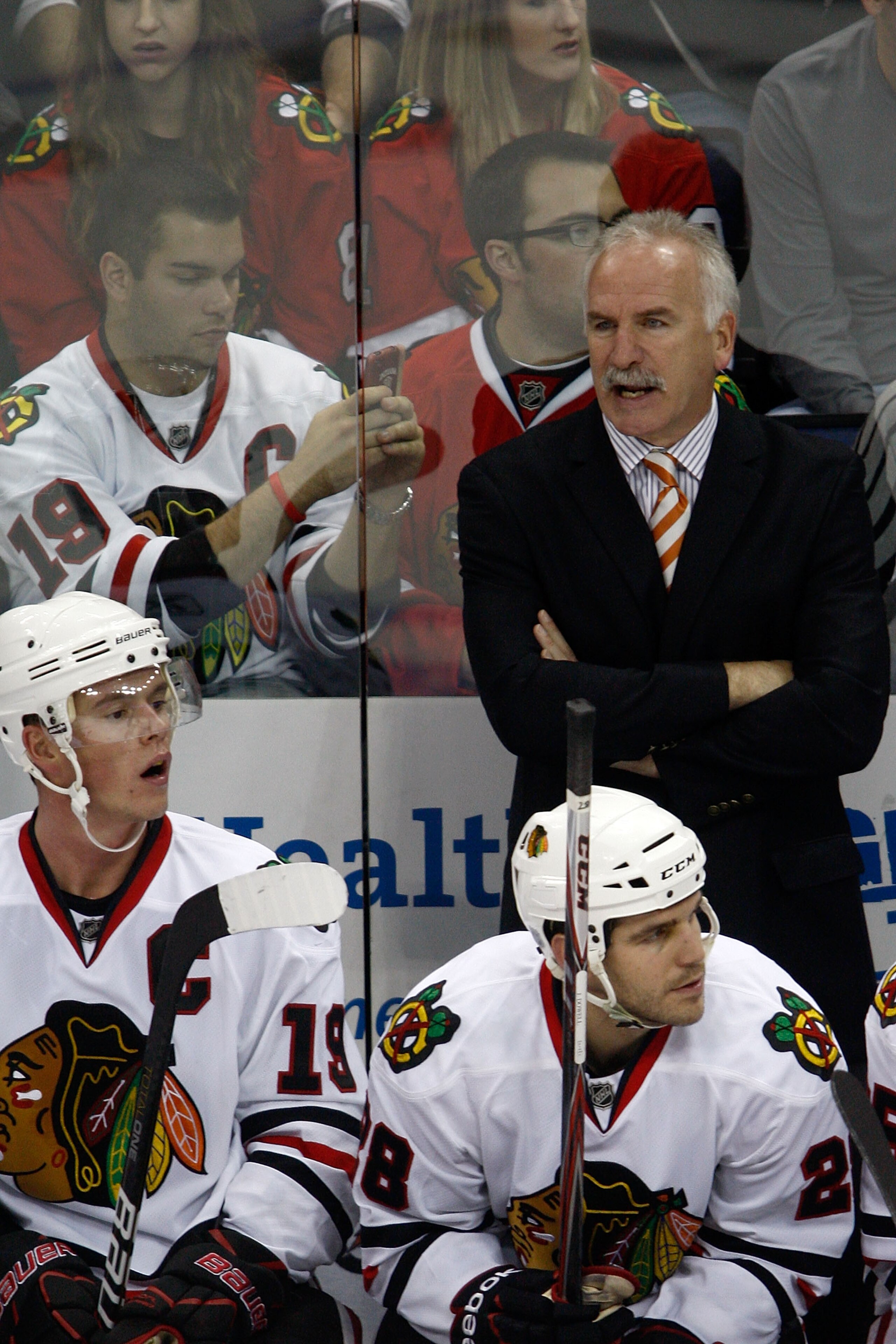 COLUMBUS,OH - October 15:  Head Coach Joel Quenneville of the Chicago Blackhawks gives instructions to his players during the third period of their game against the Columbus Blue Jackets on October 15, 2010 at Nationwide Arena in Columbus, Ohio.  Chicago 