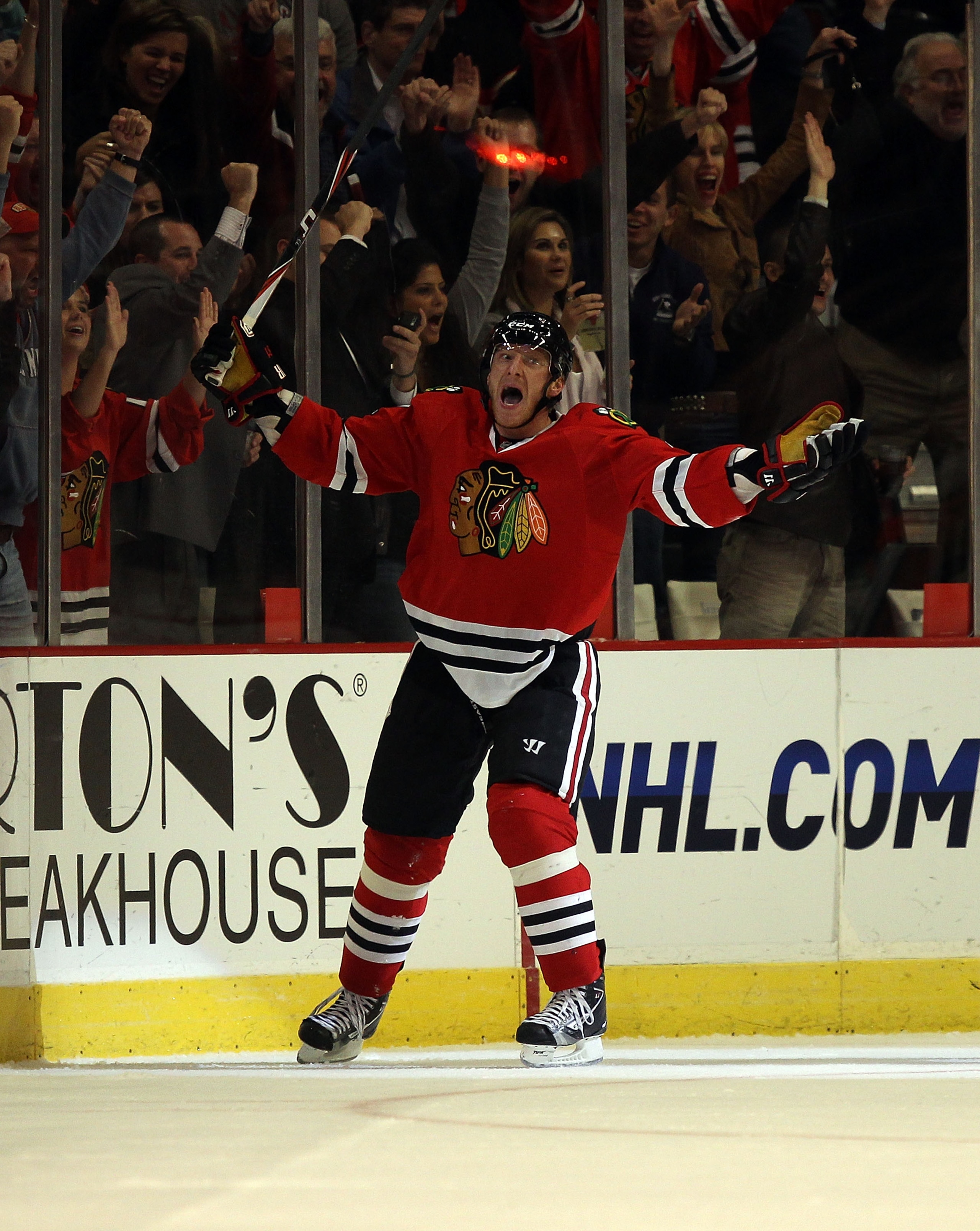CHICAGO - OCTOBER 18: Marian Hossa #81 of the Chicago Blackhawks celebrates his seocnd goal in the 3rd period against the St. Louis Blues at the United Center on October 18, 2010 in Chicago, Illinois. The Blackhawks defeated the Blues 3-2 in overtime. (Ph