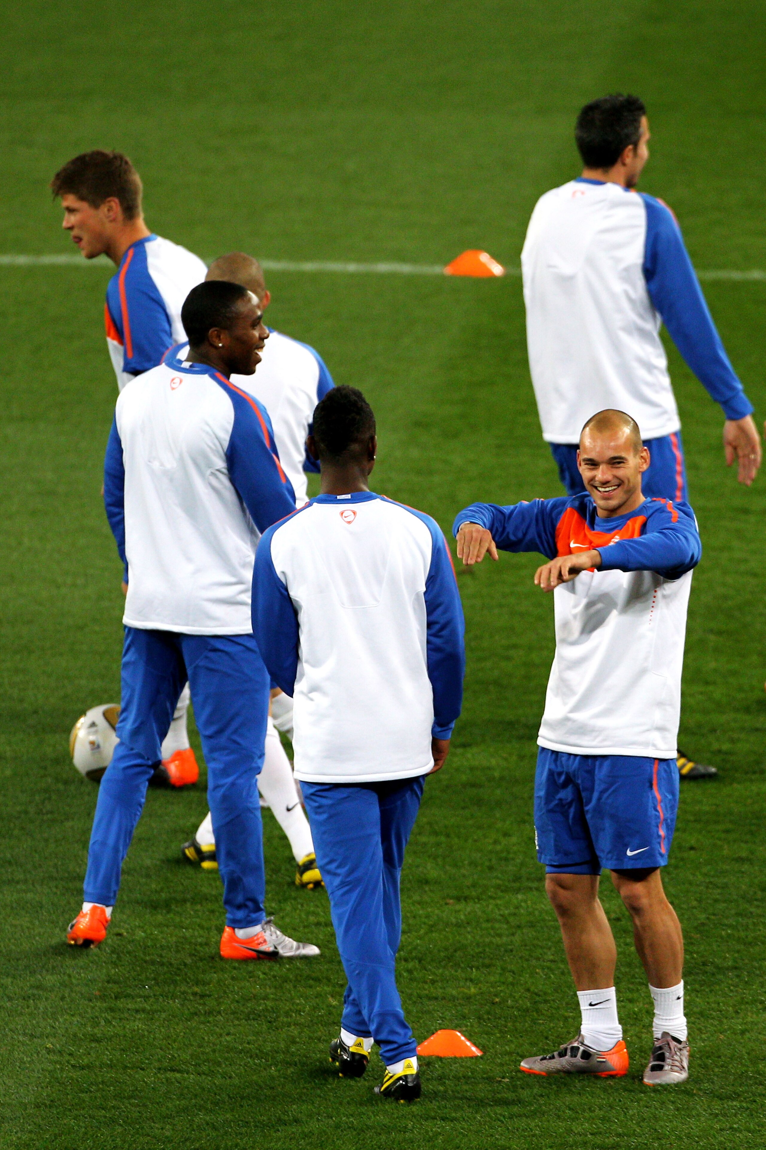 JOHANNESBURG, SOUTH AFRICA - JULY 10: Wesley Sneijder of the Netherlands gestures during a Netherlands training session, ahead of the 2010 FIFA World Cup Final, at Soccer City Stadium on July 10, 2010 in Johannesburg, South Africa.  (Photo by Cameron Spen
