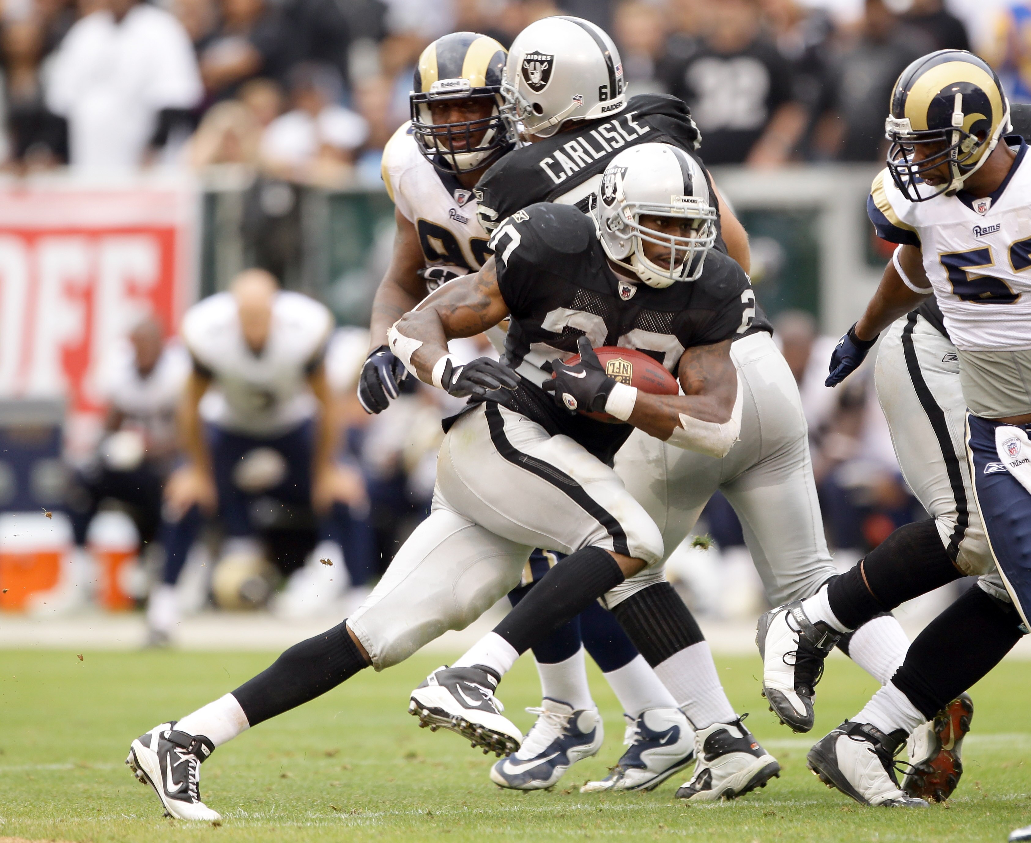 OAKLAND, CA - SEPTEMBER 19: Darren McFadden #20 of the Oakland Raiders in action during their game against the St. Louis Rams at the Oakland-Alameda County Coliseum on September 19, 2010 in Oakland, California. (Photo by Ezra Shaw/Getty Images) OAKLAND, CA - SEPTEMBER 19: Darren McFadden #20 of the Oakland Raiders in action during their game against the St. Louis Rams at the Oakland-Alameda County Coliseum on September 19, 2010 in Oakland, California. (Photo by Ezra Shaw/Getty Images)