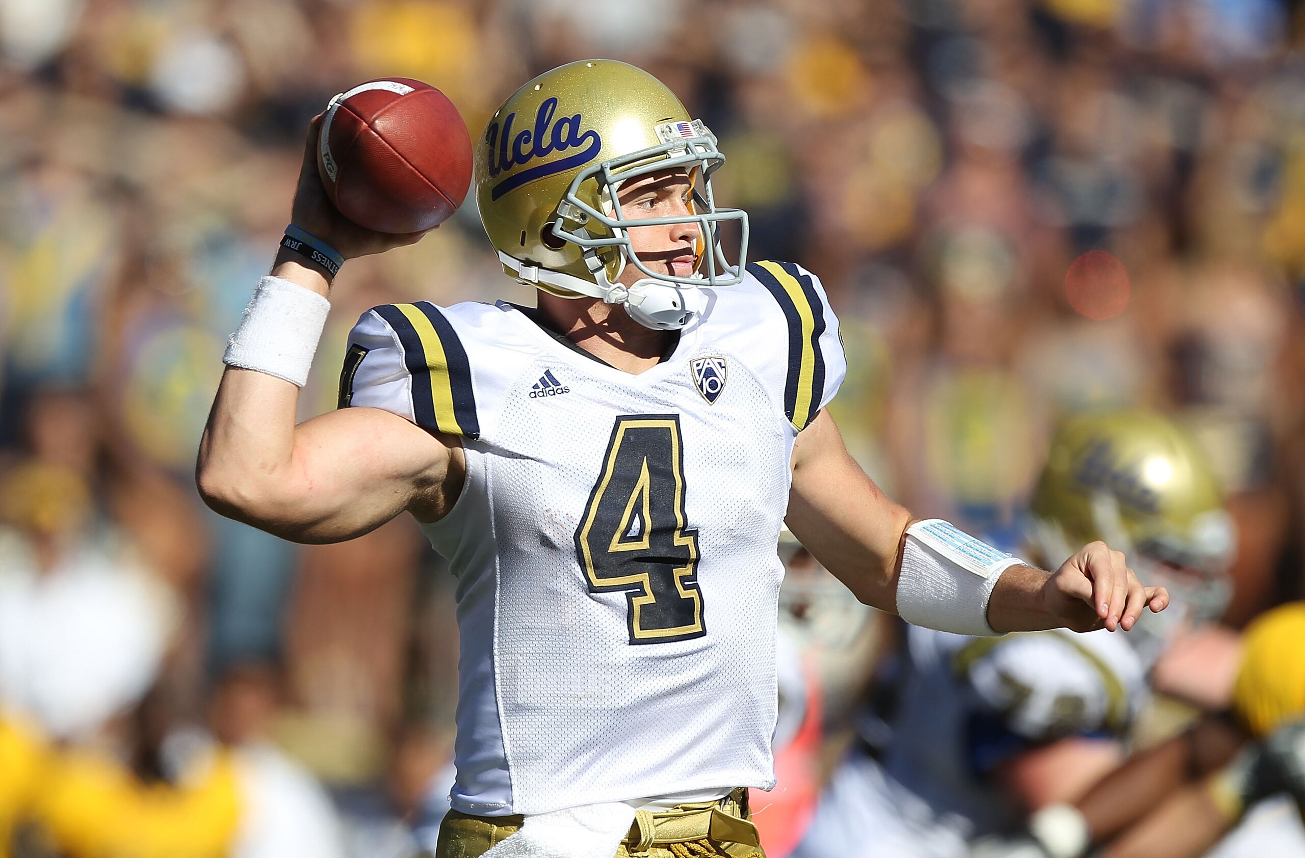 BERKELEY, CA - OCTOBER 09:  Kevin Price #4 of the UCLA Bruins passes against the California Golden Bears at California Memorial Stadium on October 9, 2010 in Berkeley, California.  (Photo by Jed Jacobsohn/Getty Images)