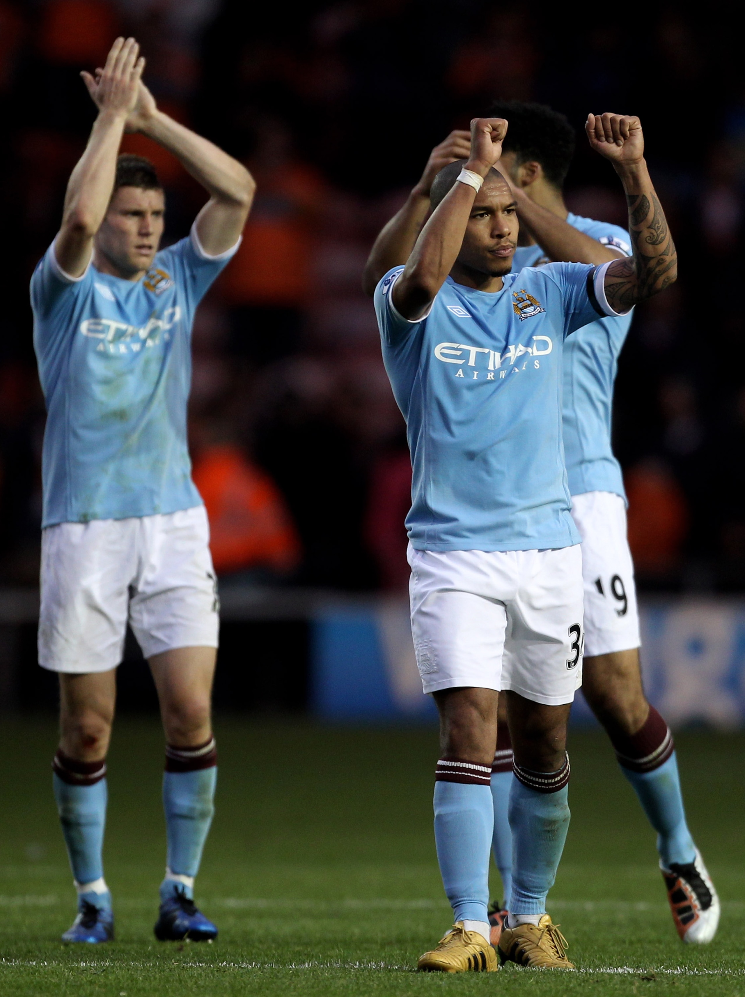 BLACKPOOL, ENGLAND - OCTOBER 17:   Nigel de Jong of Manchester City acknowledges the fans at the end of the Barclays Premiership match between Blackpool and Manchester City at Bloomfield Road on October 17, 2010 in Blackpool, England. (Photo by Alex Lives