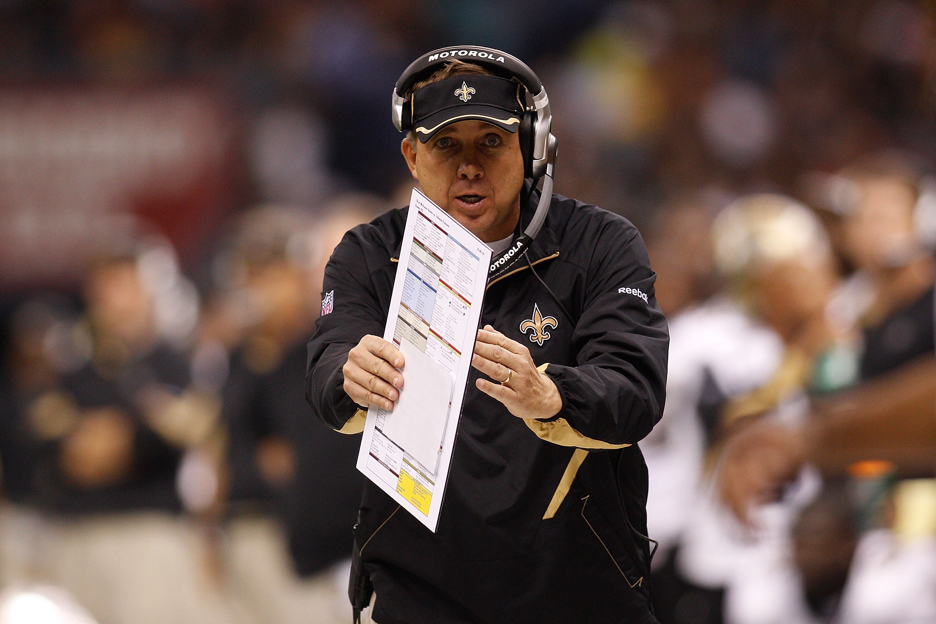 NEW ORLEANS - SEPTEMBER 26:  Head coach Sean Payton of the New Orleans Saints reacts to a call by the officials during the game against the Atlanta Falcons at the Louisiana Superdome on September 26, 2010 in New Orleans, Louisiana.  The Falcons defeated t