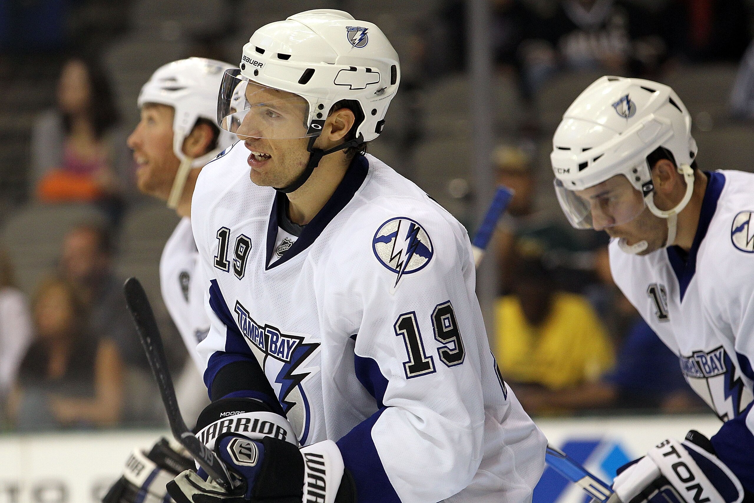 DALLAS - SEPTEMBER 21:  Center Dominic Moore #19 of the Tampa Bay Lightning celebrates his goal against the Dallas Stars during a preseason game at American Airlines Center on September 21, 2010 in Dallas, Texas.  (Photo by Ronald Martinez/Getty Images)