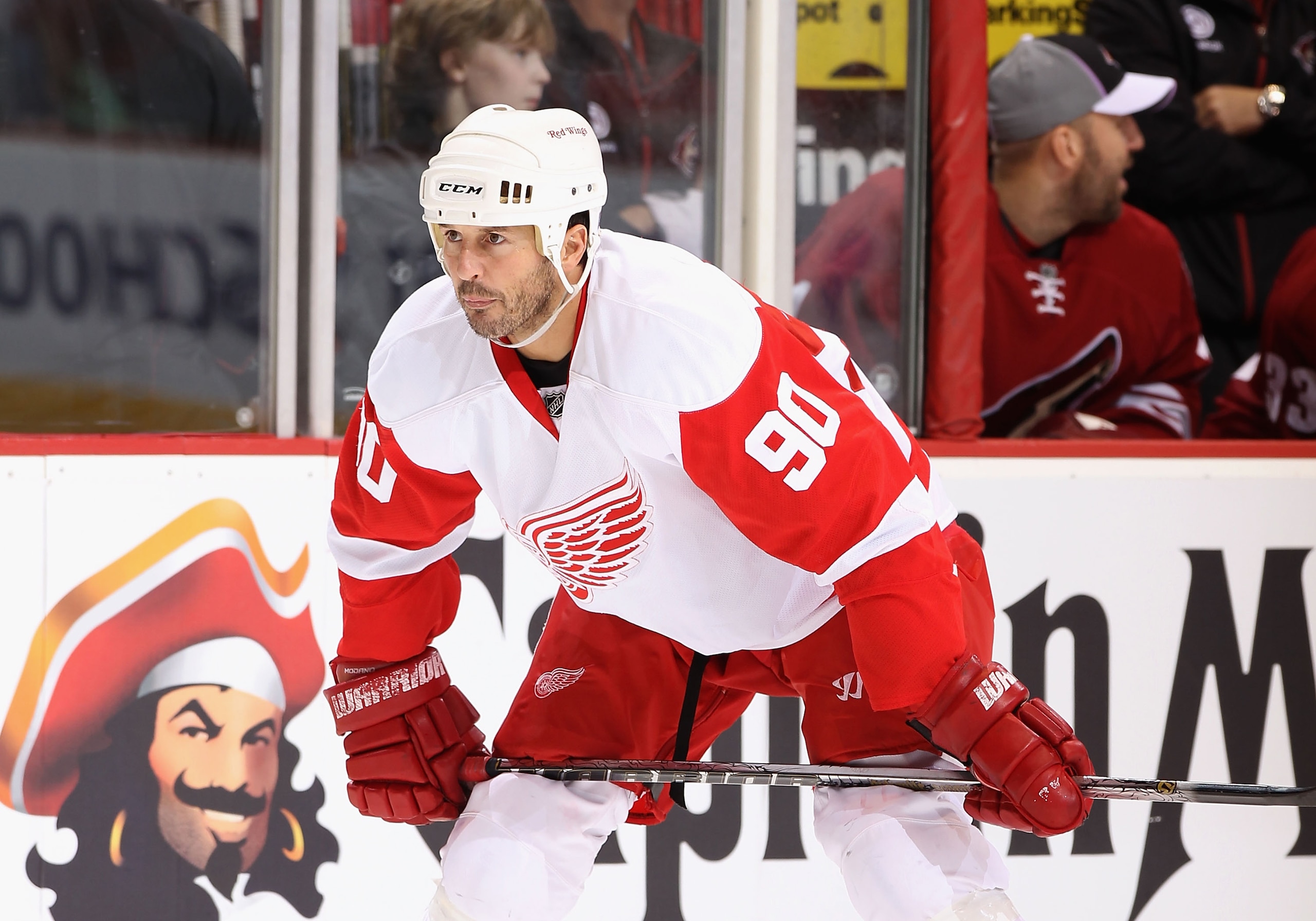 GLENDALE, AZ - OCTOBER 16:  Mike Modano #90 of the Detroit Red Wings in action during the NHL game against the Phoenix Coyotes at Jobing.com Arena on October16, 2010 in Glendale, Arizona.  The Red Wings defeated the Coyotes 2-1 in overtime.  (Photo by Chr