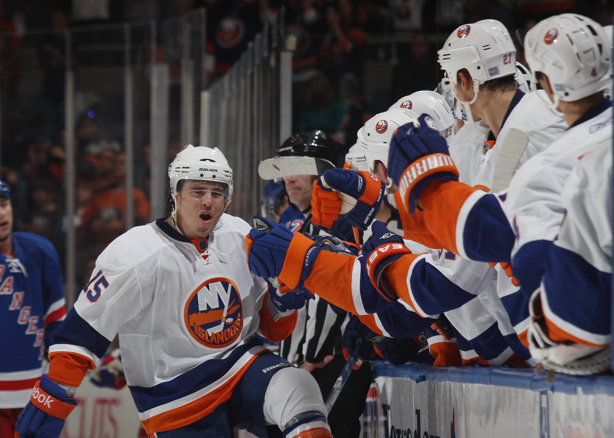 UNIONDALE, NY - OCTOBER 11: PA Parenteau #15  of the New York Islanders ties the scores at four with a powerplay goal at 15:36 of the third period against the New York Rangers at the Nassau Coliseum on October 11, 2010 in Uniondale, New York. The Islander