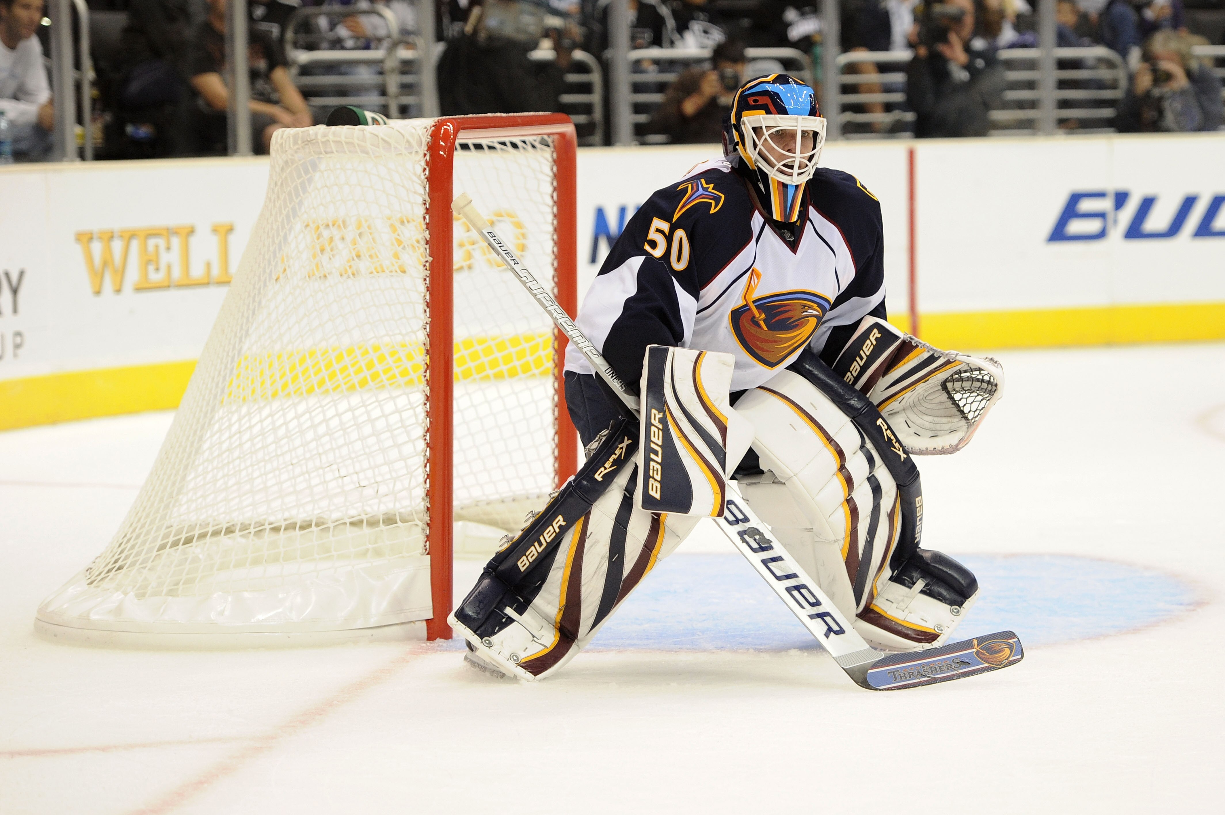 LOS ANGELES, CA - OCTOBER 12:  Chris Mason #50 of the Atlanta Thrashers stands in goal against the Los Angeles Kings during their game at Staples Center on October 12, 2010 in Los Angeles, California.  (Photo by Harry How/Getty Images)