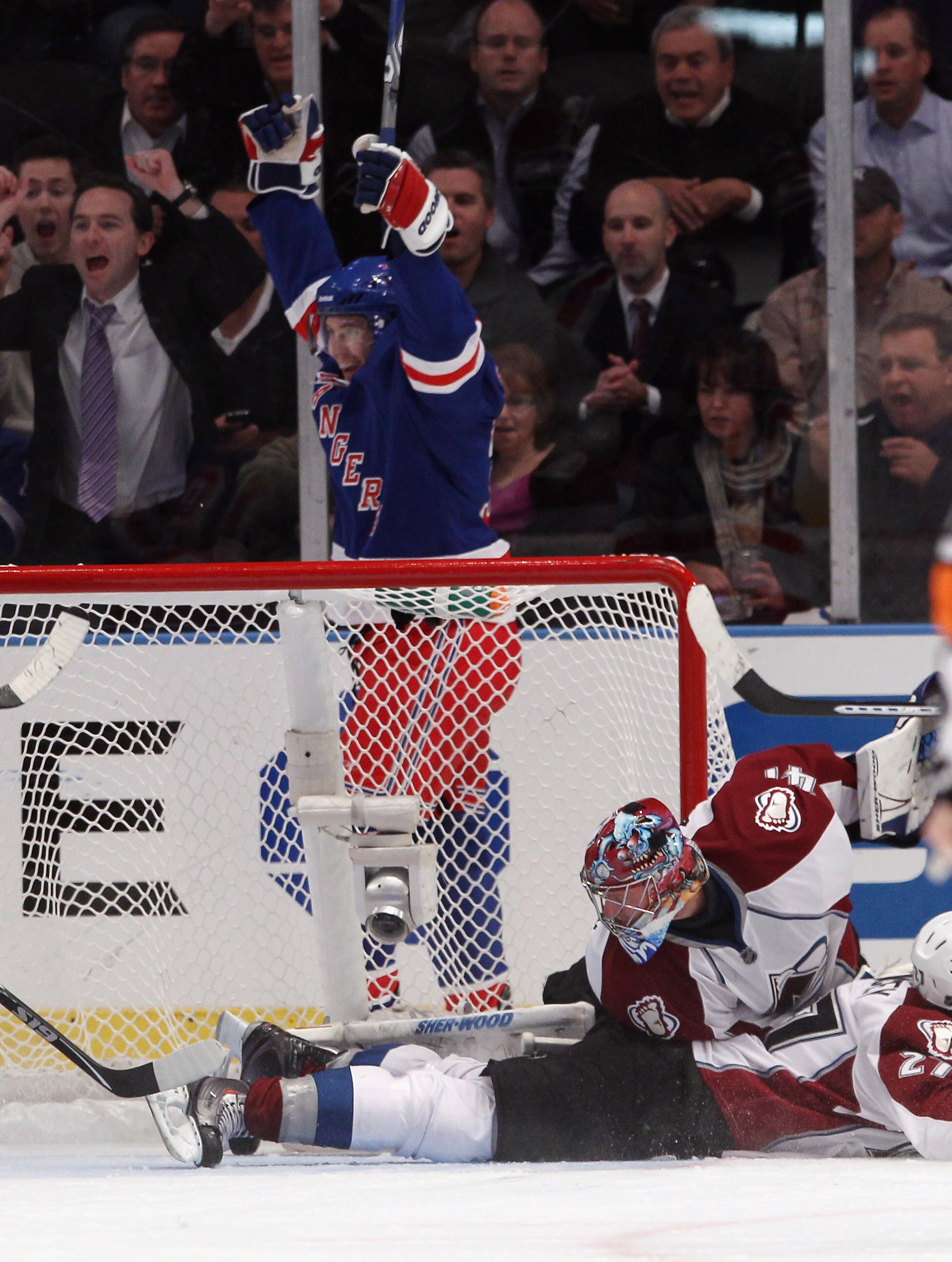 NEW YORK - OCTOBER 18: Alex Frolov #31 of the New York Rangers celebrates his first goal of the season at 18:09 of the first period against Craig Anderson #41 of the Colorado Avalanche at Madison Square Garden on October 18, 2010 in New York City.  (Photo