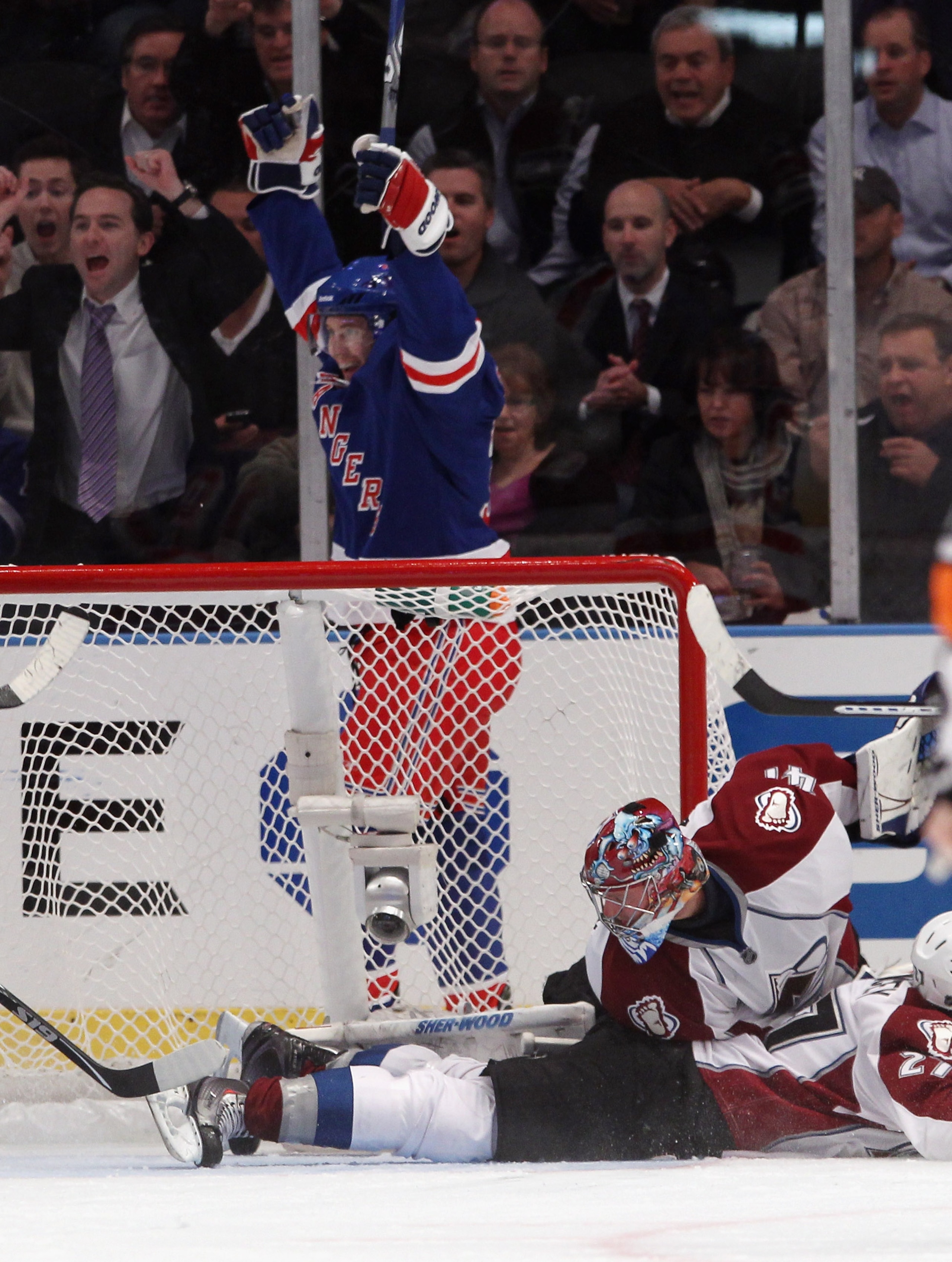 NEW YORK - OCTOBER 18: Alex Frolov #31 of the New York Rangers celebrates his first goal of the season at 18:09 of the first period against Craig Anderson #41 of the Colorado Avalanche at Madison Square Garden on October 18, 2010 in New York City.  (Photo