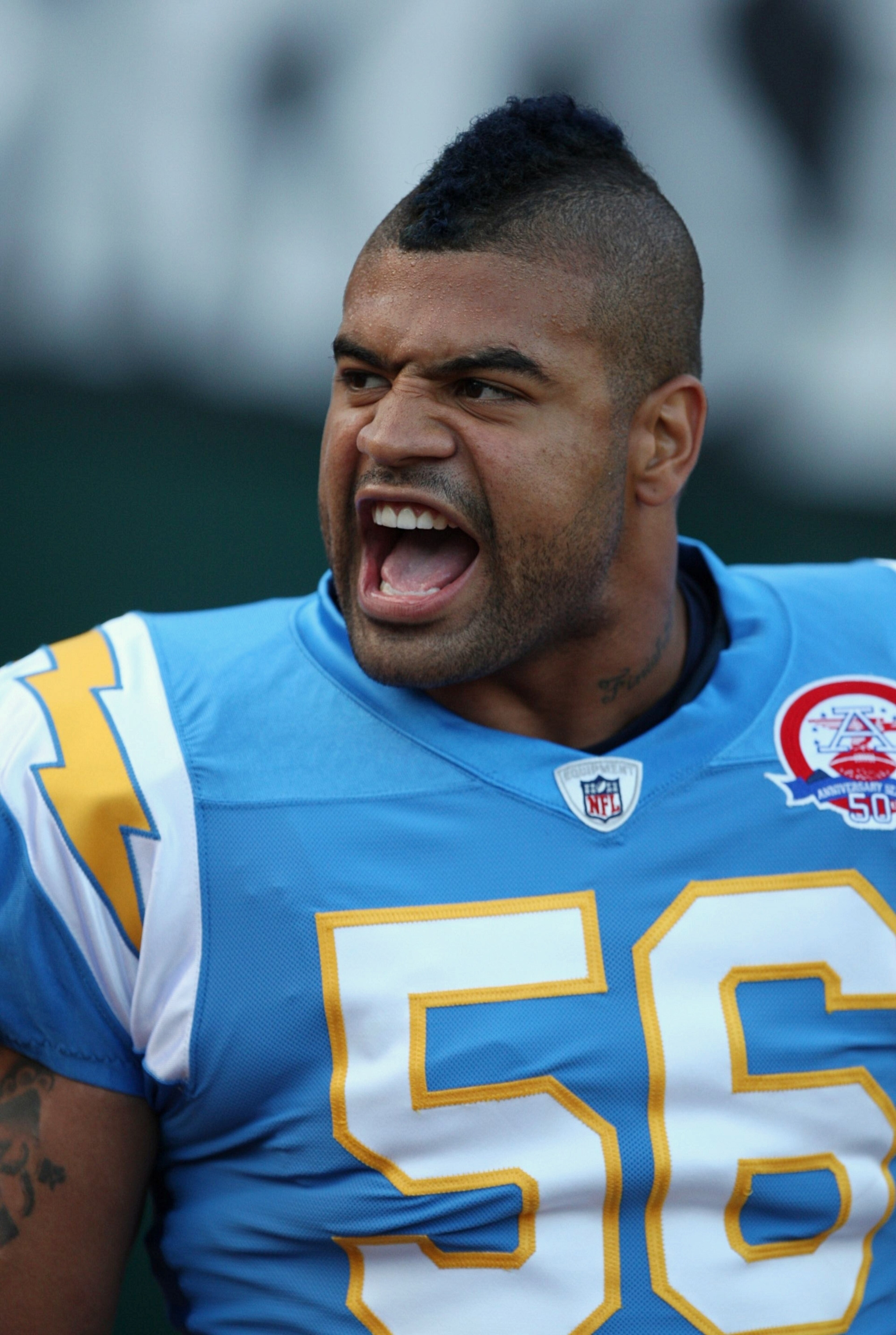 OAKLAND, CA - SEPTEMBER 14: Shawne Merriman #56 of the San Diego Chargers looks on during warm-ups against the Oakland Raiders on September 14, 2009 at the Oakland-Alameda County Coliseum in Oakland, California. (Photo by Ezra Shaw/Getty Images) OAKLAND, CA - SEPTEMBER 14: Shawne Merriman #56 of the San Diego Chargers looks on during warm-ups against the Oakland Raiders on September 14, 2009 at the Oakland-Alameda County Coliseum in Oakland, California. (Photo by Ezra Shaw/Getty Images)
