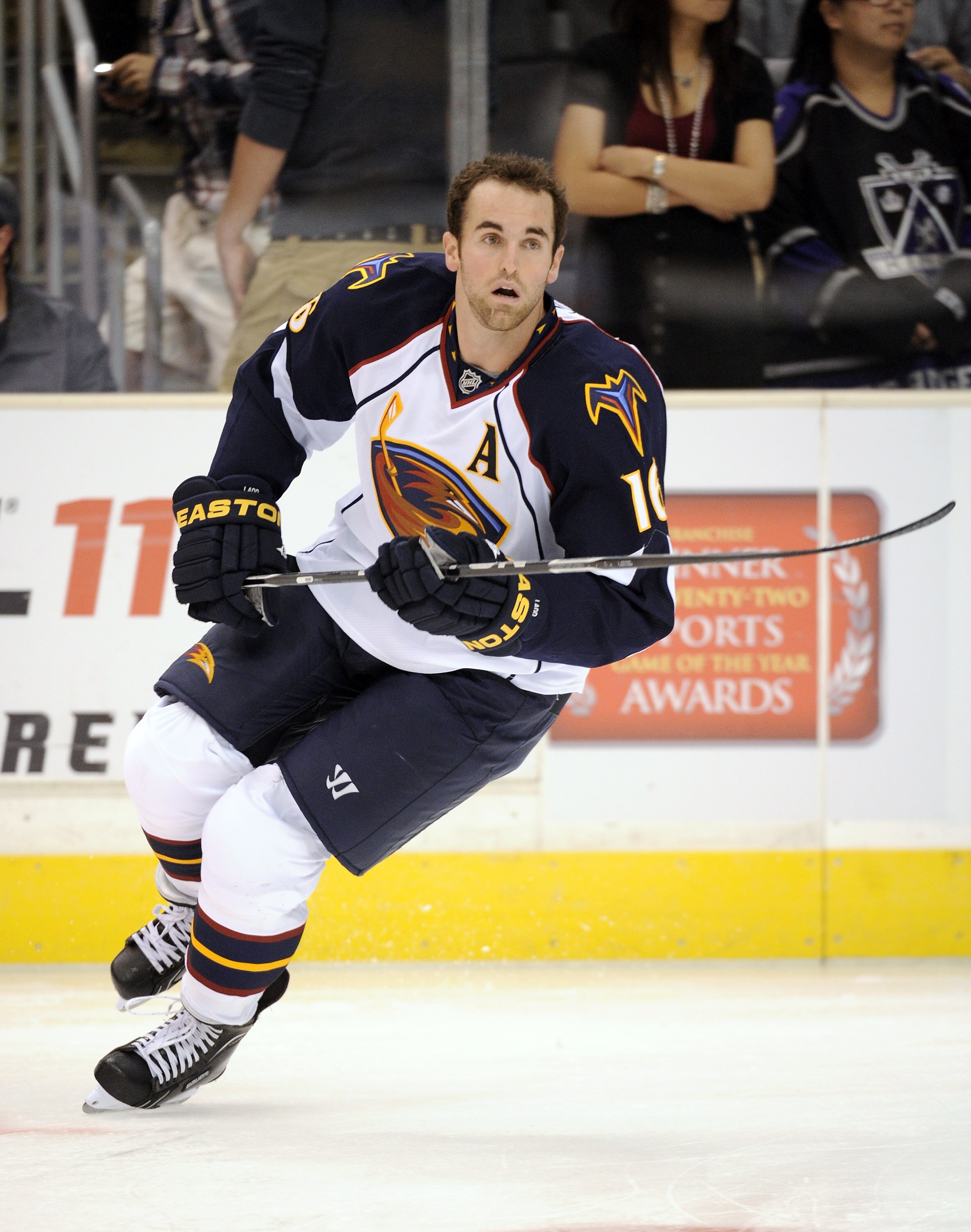 LOS ANGELES, CA - OCTOBER 12:  Andrew Ladd #16 of the Atlanta Thrashers warms up before the game against the Los Angeles Kings at the Staples Center on October 12, 2010 in Los Angeles, California.  (Photo by Harry How/Getty Images)