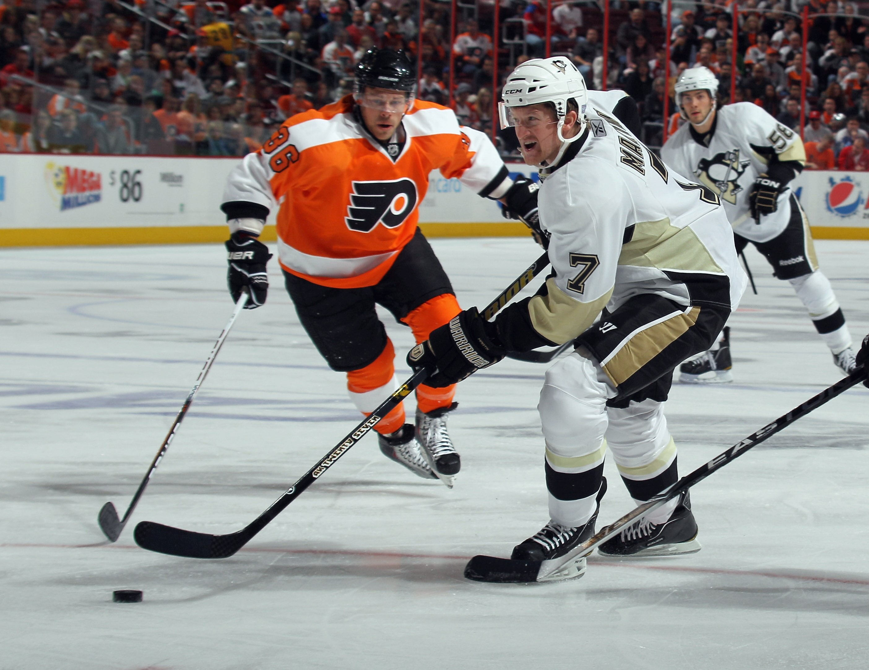 PHILADELPHIA - OCTOBER 16: Paul Martin #7 of the Pittsburgh Penguins skates against the Philadelphia Flyers at the Wells Fargo Center on October 16, 2010 in Philadelphia, Pennsylvania.  (Photo by Bruce Bennett/Getty Images)