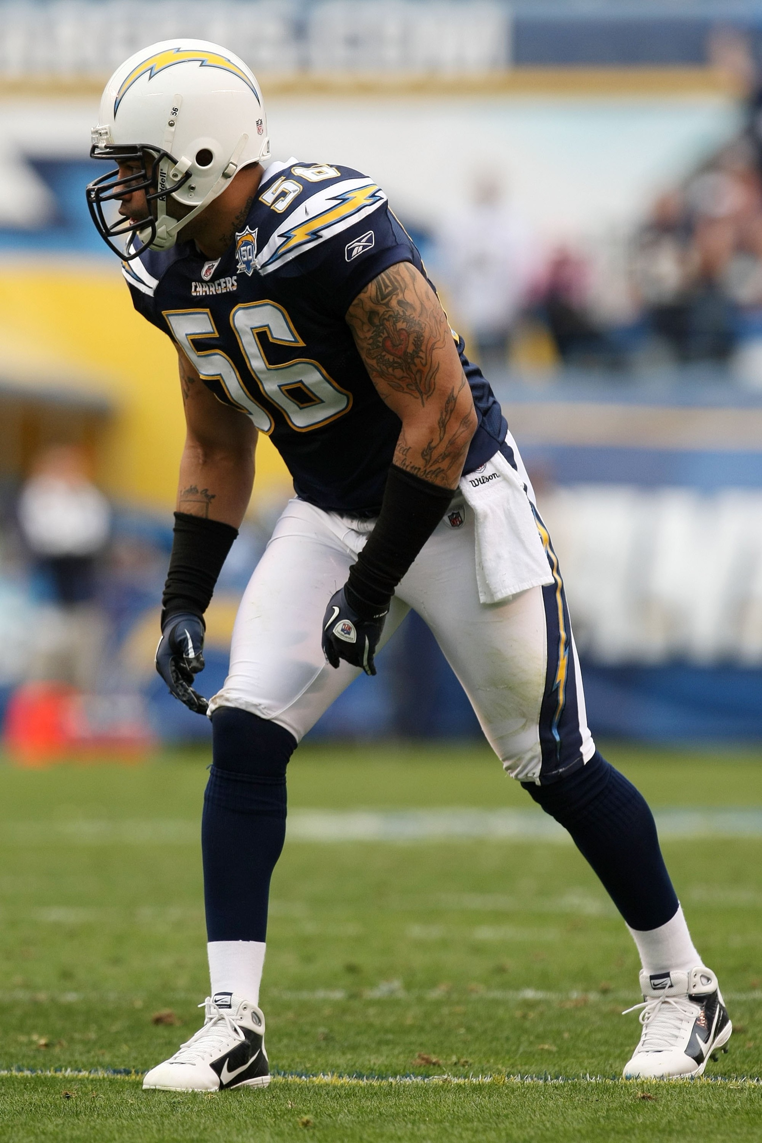 SAN DIEGO - JANUARY 17:  Linebacker Shawne Merriman #56 of the San Diego Chargers lines up against the New York Jets during the AFC Divisional Playoff Game at Qualcomm Stadium on January 17, 2010 in San Diego, California.  (Photo by Stephen Dunn/Getty Ima