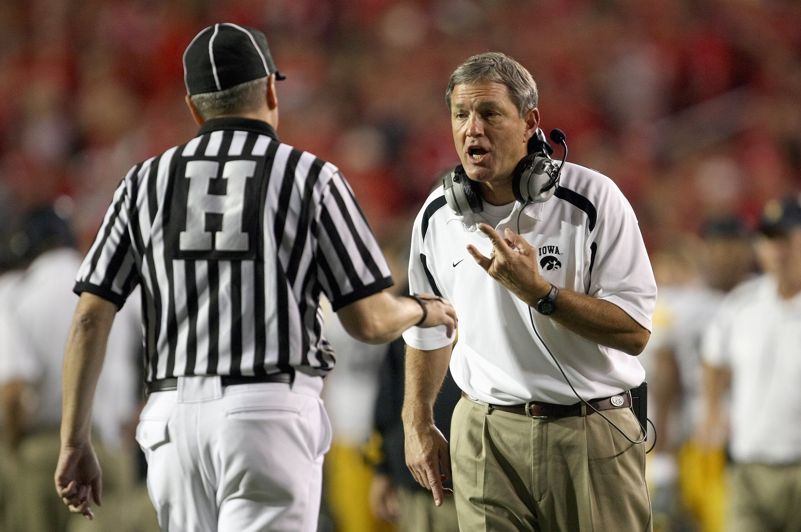MADISON, WI - SEPTEMBER 22: Head coach Kirk Ferentz of the Iowa Hawkeyes questions the referee during a game against the Wisconsin Badgers at Camp Randall Stadium September 22, 2007 in Madison, Wisconsin. (Photo by Jonathan Daniel/Getty Images)