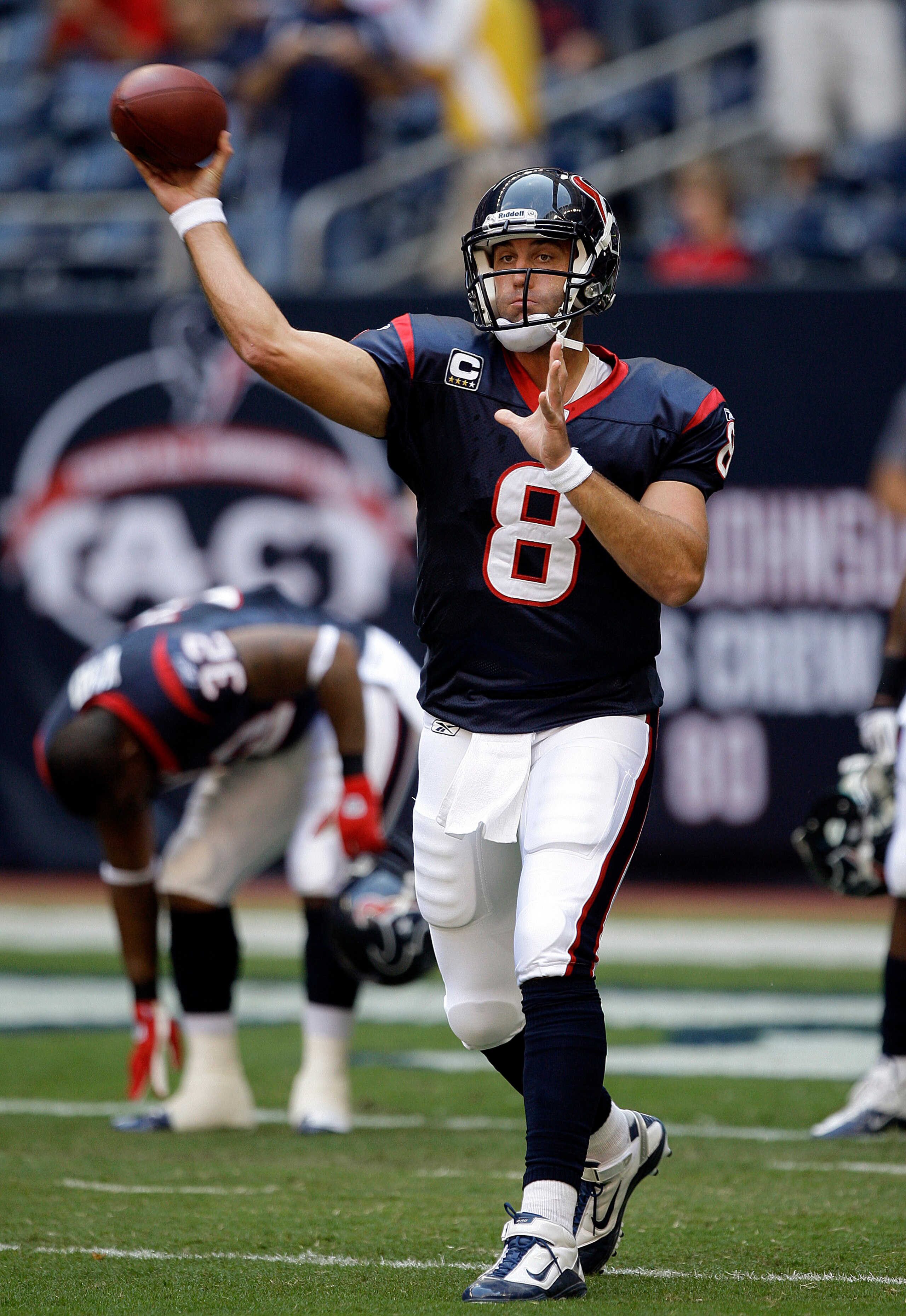 HOUSTON - OCTOBER 17:  Quarterback Matt Schaub #8 of the Houston Texans throws passes during warm ups before playing the Kansas City Chiefs at Reliant Stadium on October 17, 2010 in Houston, Texas.  (Photo by Bob Levey/Getty Images)
