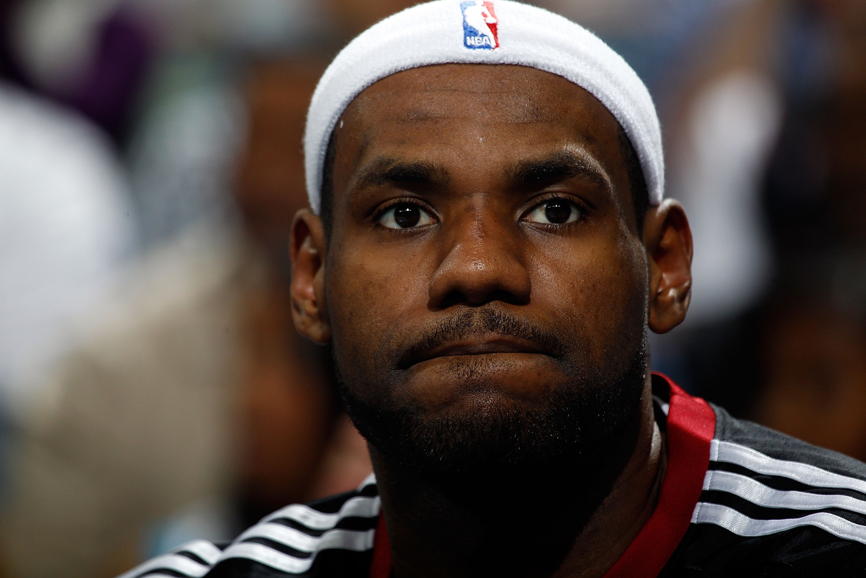 NEW ORLEANS - OCTOBER 13:  Lebron James #6  of the Miami Heat sits on the bench during the game against the New Orleans Hornets at the New Orleans Arena on October 13, 2010 in New Orleans, Louisiana.  NOTE TO USER: User expressly acknowledges and agrees t