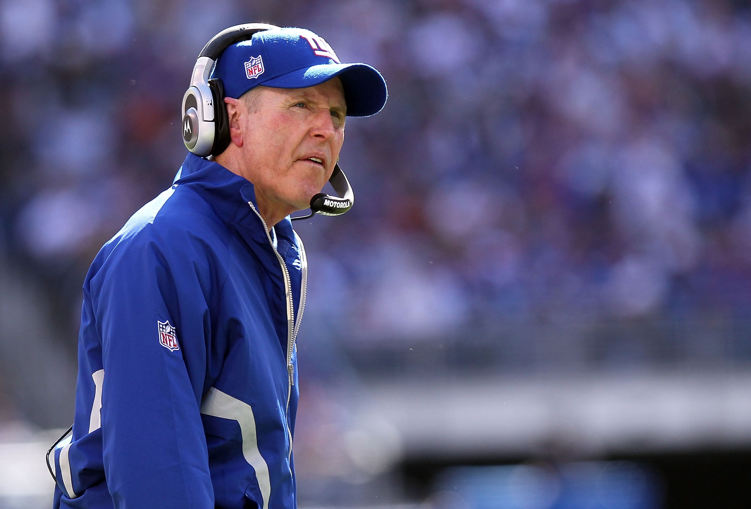 EAST RUTHERFORD, NJ - OCTOBER 17:  Head coach  of the New York Giants, Tom Coughlin looks on from the sideline against the Detroit Lions at New Meadowlands Stadium on October 17, 2010 in East Rutherford, New Jersey.  (Photo by Nick Laham/Getty Images)