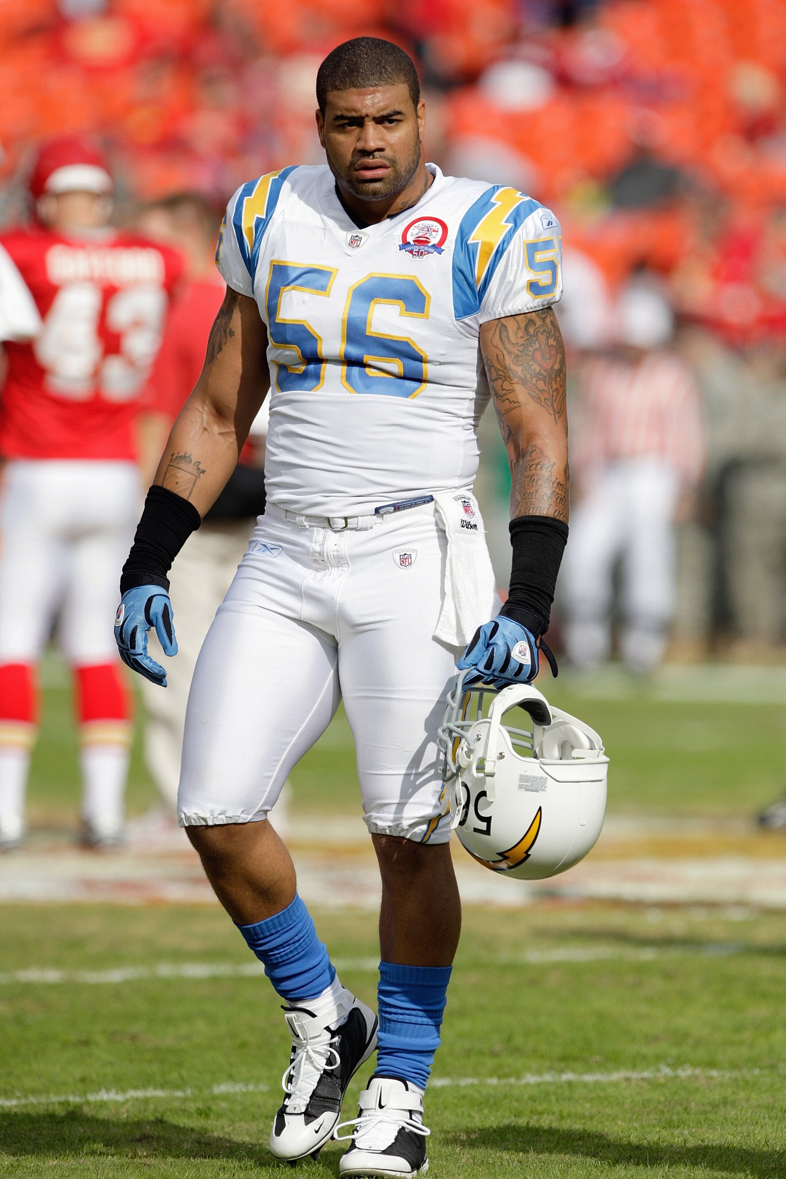 KANSAS CITY, MO - OCTOBER 25: Shawne Merriman #56 of the San Diego Chargers watches the warm ups before the game against the Kansas City Chiefs on October 25, 2009 at Arrowhead Stadium in Kansas City, Missouri. (Photo by Jamie Squire/Getty Images)