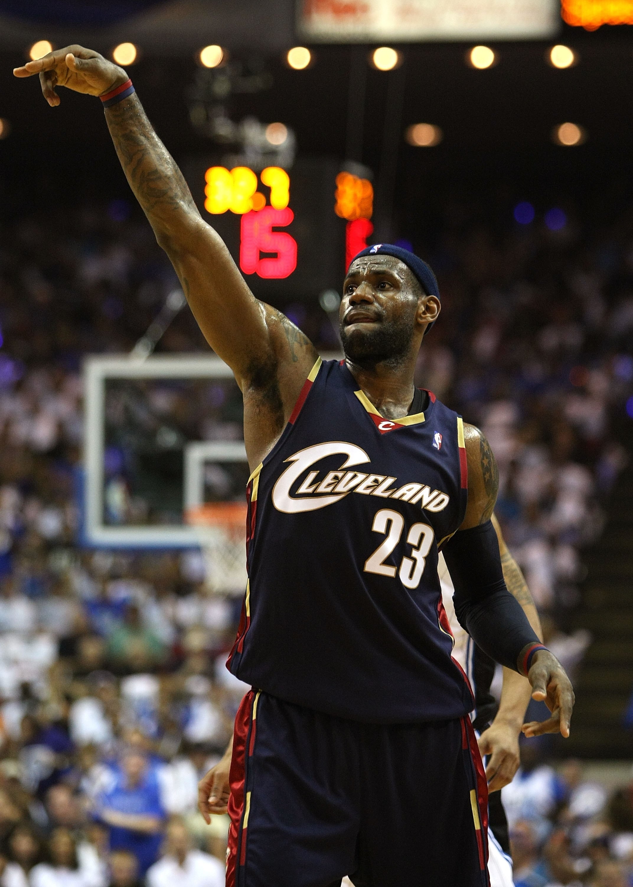 ORLANDO, FL - MAY 30:  LeBron James #23 of the Cleveland Cavaliers watches his shot against the Orlando Magic in Game Six of the Eastern Conference Finals during the 2009 Playoffs at Amway Arena on May 30, 2009 in Orlando, Florida. NOTE TO USER: User expr