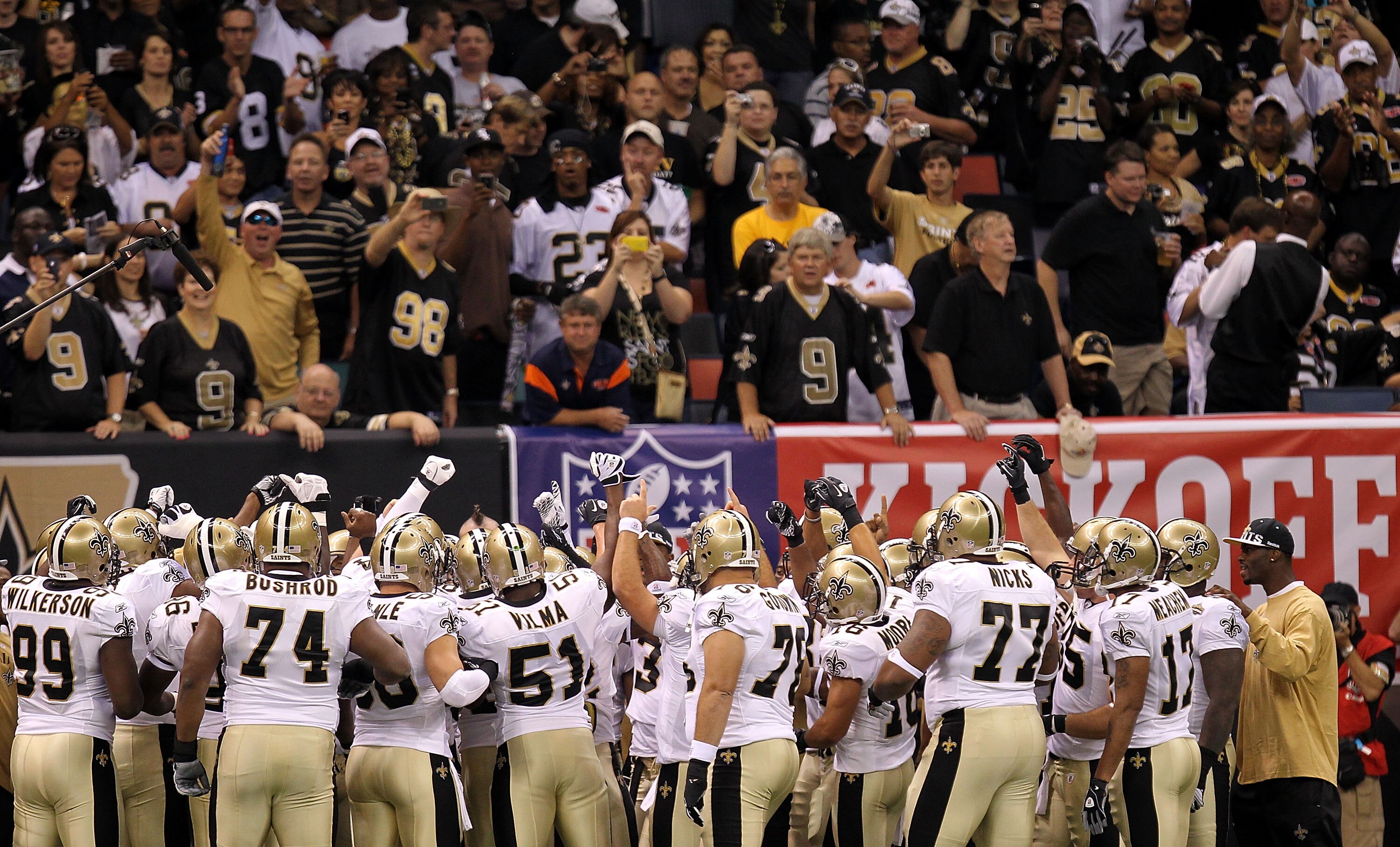 NEW ORLEANS - SEPTEMBER 09:  Players from the New Orleans Saints huddle up as their fans cheer them on prior to playing against the Minnesota Vikings at Louisiana Superdome on September 9, 2010 in New Orleans, Louisiana.  (Photo by Ronald Martinez/Getty I