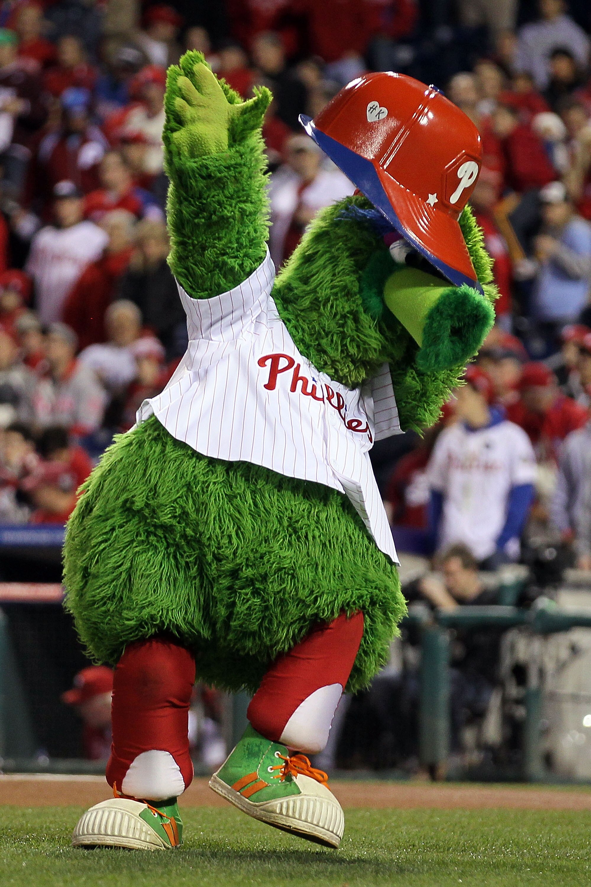 PHILADELPHIA - OCTOBER 16:  The Phillie Phanatic performs during Game One of the NLCS during the 2010 MLB Playoffs between the Philadelphia Phillies and the San Francisco Giants at Citizens Bank Park on October 16, 2010 in Philadelphia, Pennsylvania.  (Ph