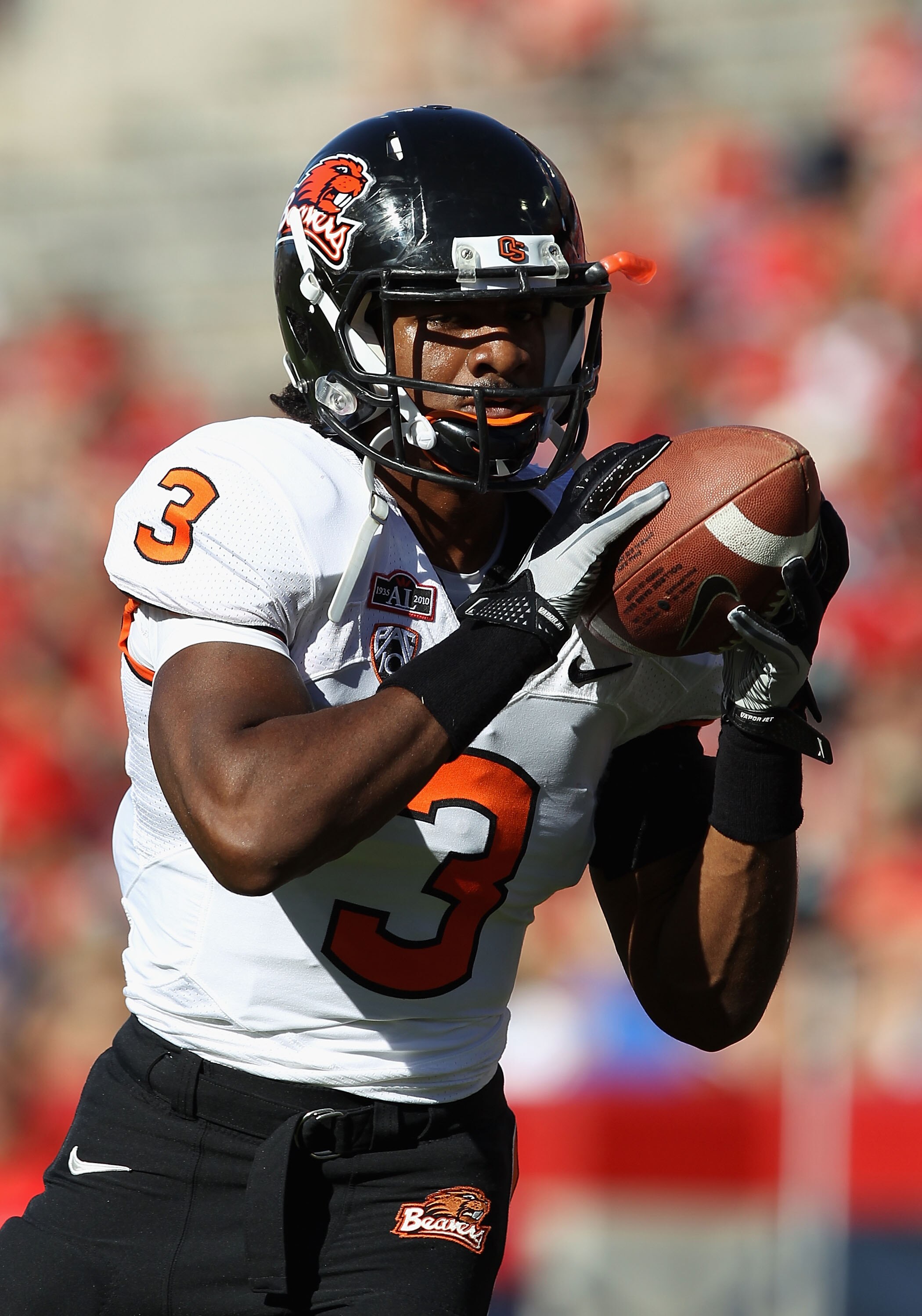 TUCSON, AZ - OCTOBER 09:  Safety Anthony Watkins #3 of the Oregon State Beavers warms up before the college football game against the Arizona Wildcats at Arizona Stadium on October 9, 2010 in Tucson, Arizona. The Beavers defeated the Wildcats 29-27.  (Pho