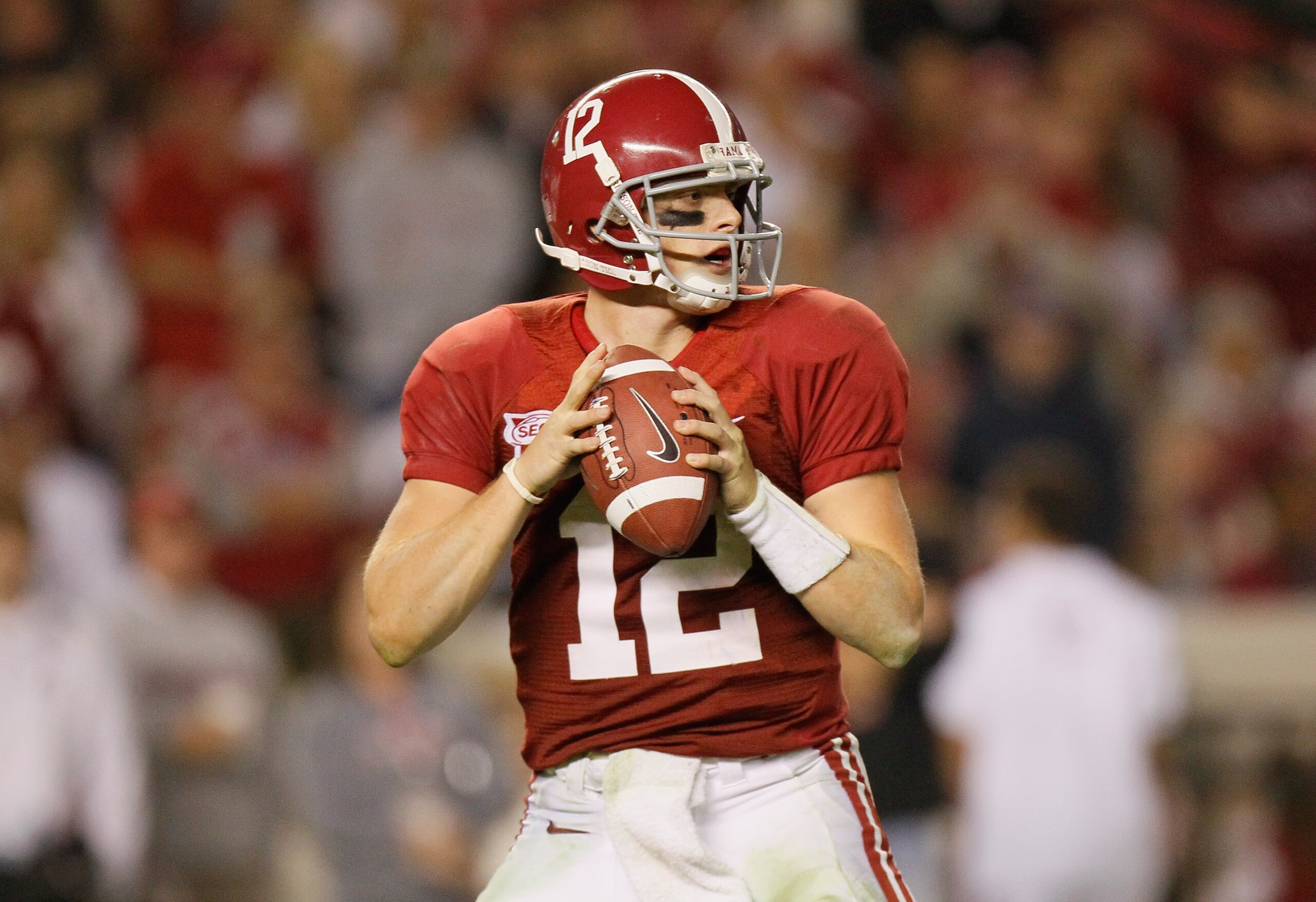 TUSCALOOSA, AL - OCTOBER 16: Quarterback Greg McElroy #12 of the Alabama Crimson Tide looks to pass against the Ole Miss Rebels at Bryant-Denny Stadium on October 16, 2010 in Tuscaloosa, Alabama. (Photo by Kevin C. Cox/Getty Images) TUSCALOOSA, AL - OCTOBER 16: Quarterback Greg McElroy #12 of the Alabama Crimson Tide looks to pass against the Ole Miss Rebels at Bryant-Denny Stadium on October 16, 2010 in Tuscaloosa, Alabama. (Photo by Kevin C. Cox/Getty Images)