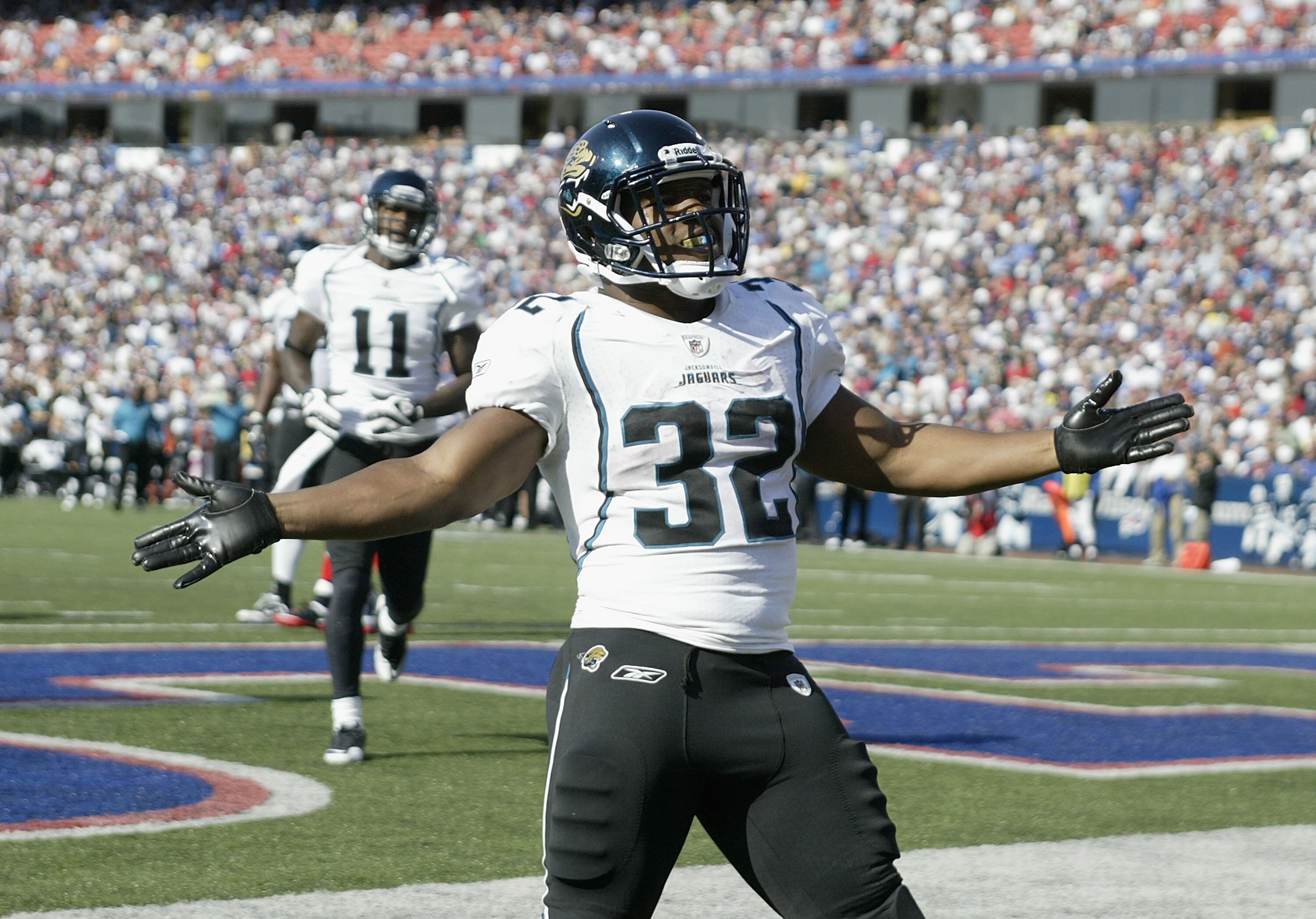 ORCHARD PARK, NY - OCTOBER 10: Maurice Jones-Drew #32 of the Jacksonville Jaguars celebrates what he thinks is a touchdown that was called back for a penalty in the third quarter against the Buffalo Bills at Ralph Wilson Stadium on October 10, 2010 in Orc