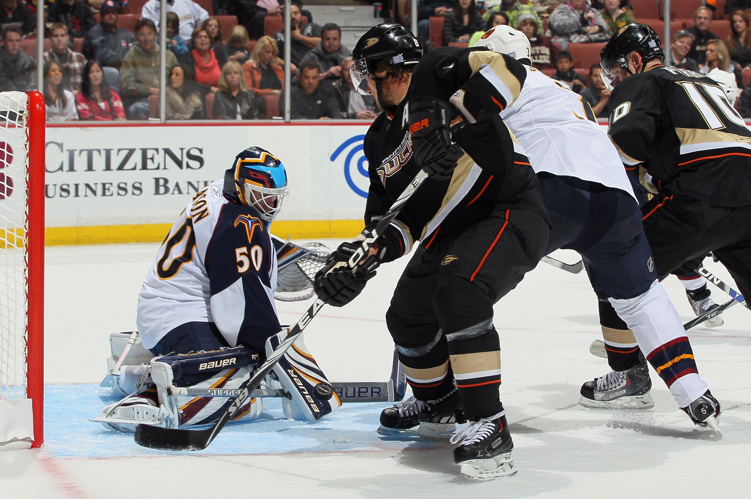 ANAHEIM, CA - OCTOBER 15: Goaltender Chris Mason #50 of the Atlanta Thrashers makes a save on a shot by Teemu Selanne #8 of the Anaheim Ducks in the first period at Honda Center on October 15, 2010 in Anaheim, California. (Photo by Jeff Gross/Getty Imag ANAHEIM, CA - OCTOBER 15: Goaltender Chris Mason #50 of the Atlanta Thrashers makes a save on a shot by Teemu Selanne #8 of the Anaheim Ducks in the first period at Honda Center on October 15, 2010 in Anaheim, California. (Photo by Jeff Gross/Getty Imag