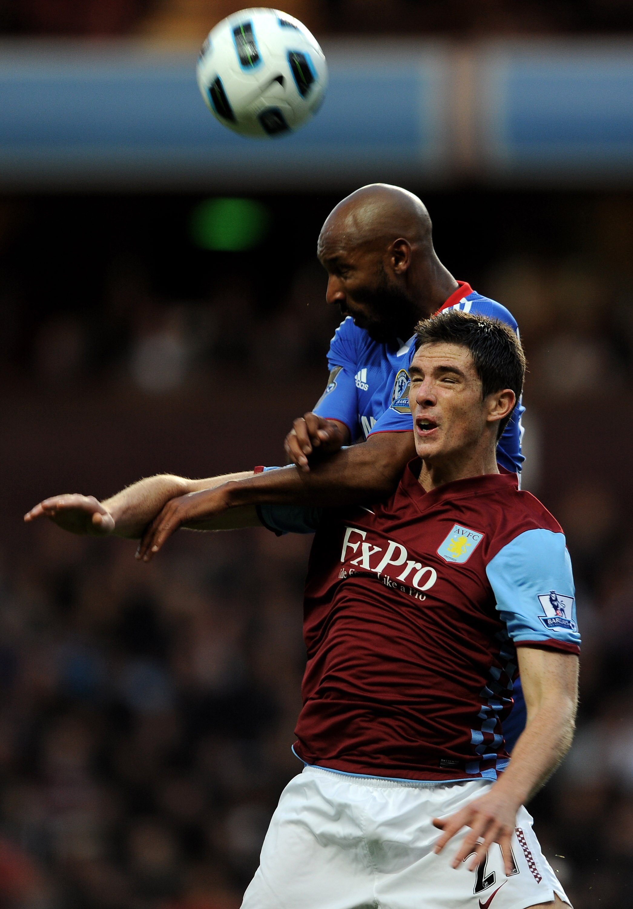 BIRMINGHAM, ENGLAND - OCTOBER 16:  Ciaran Clark of Aston Villa competes for the ball with Nicolas Anelka of Chelsea during the Barclays Premier League match between Aston Villa and Chelsea at Villa Park on October 16, 2010 in Birmingham, England. (Photo b