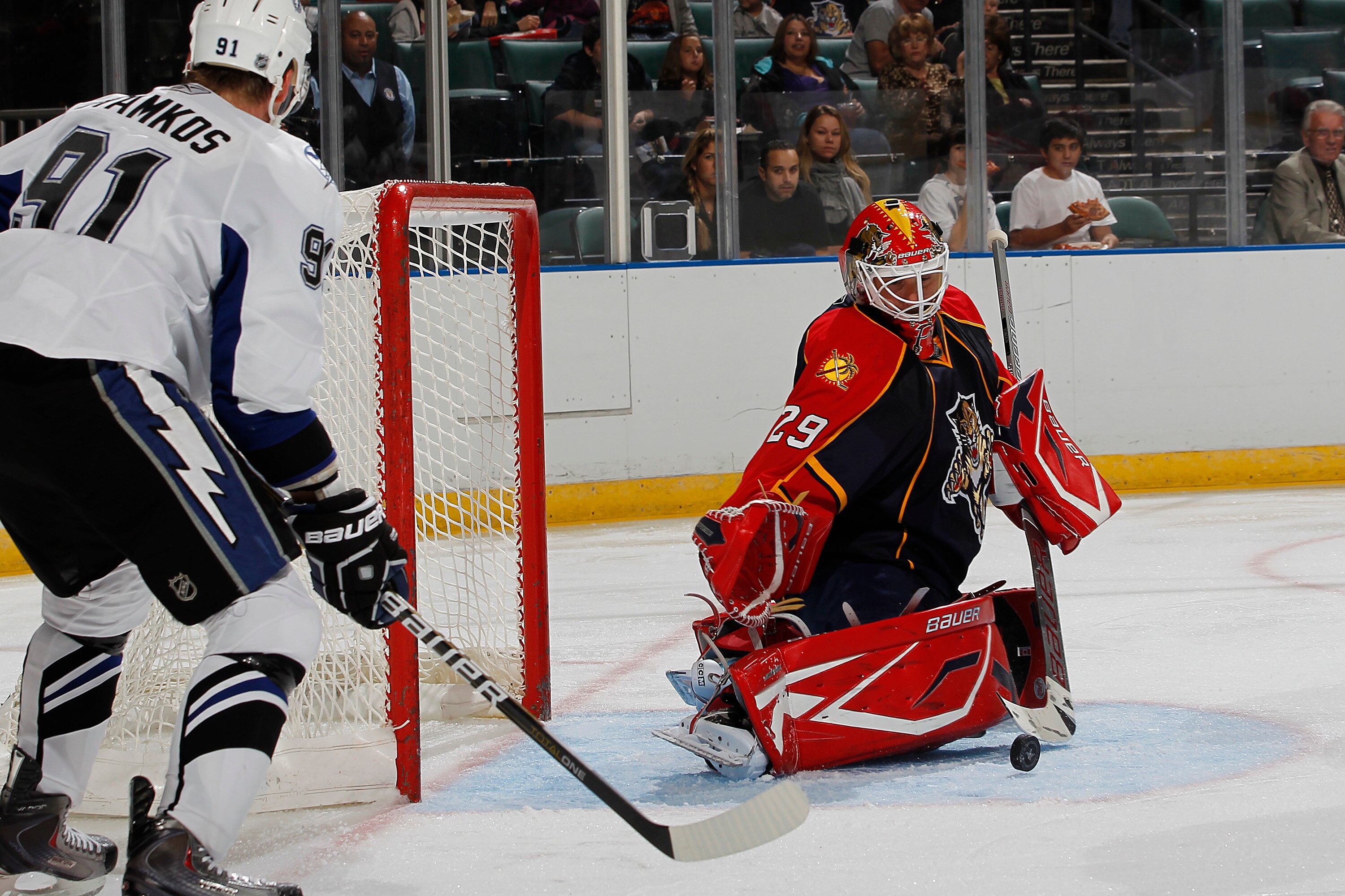 zSUNRISE, FL - OCTOBER 1: Goaltender Tomas Vokoun #29 of the Florida Panthers stops a shot by Steven Stamkos #91 of the Tampa Bay Lightning during a pre season game on October 1, 2010 at the BankAtlantic Center in Sunrise, Florida. The Lightning defeated zSUNRISE, FL - OCTOBER 1: Goaltender Tomas Vokoun #29 of the Florida Panthers stops a shot by Steven Stamkos #91 of the Tampa Bay Lightning during a pre season game on October 1, 2010 at the BankAtlantic Center in Sunrise, Florida. The Lightning defeated