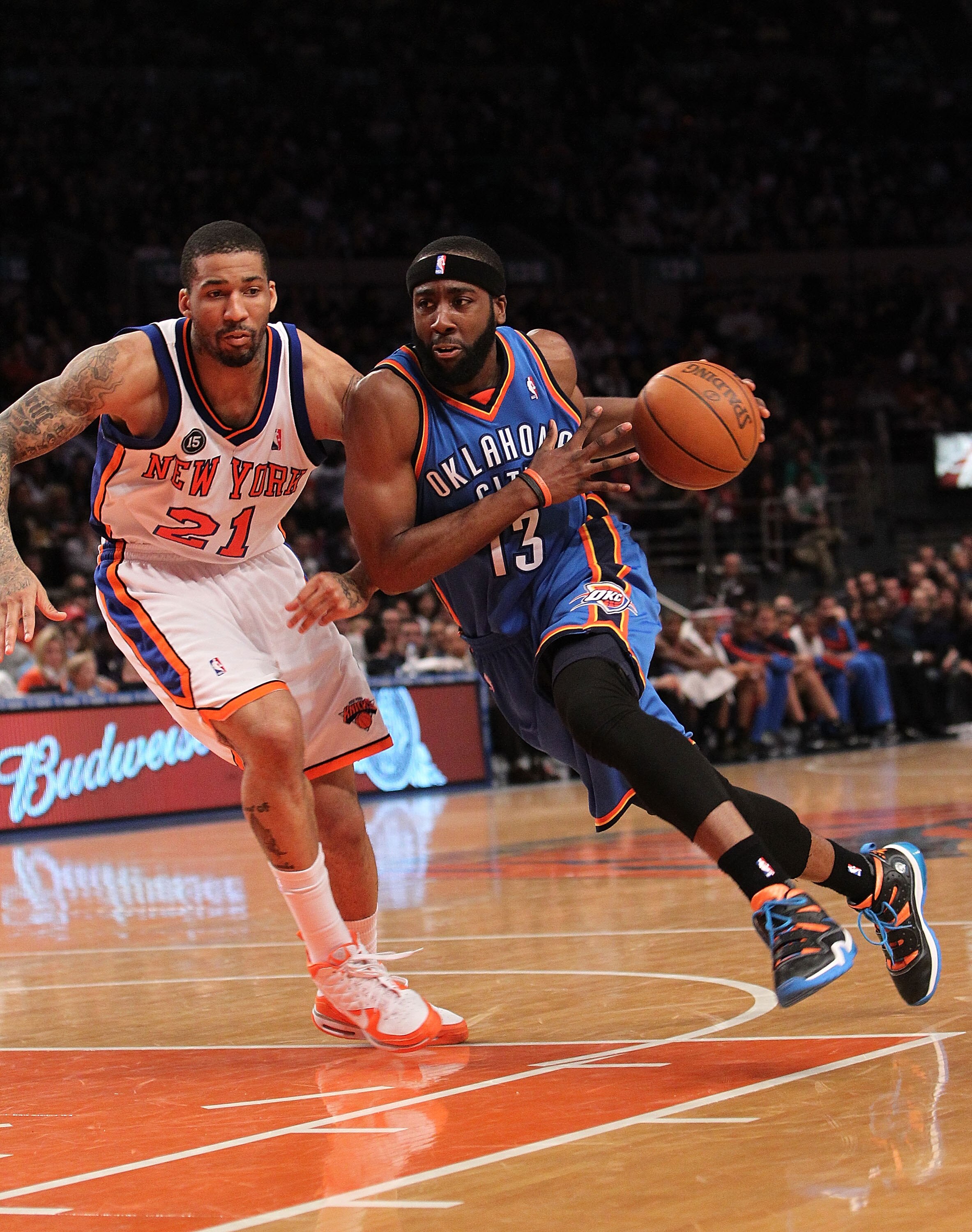 NEW YORK - FEBRUARY 20: James Harden #13 of the Oklahoma City Thunder drives to the basket against Wilson Chandler #21 of the New York Knicks at Madison Square Garden on February 20, 2010 in New York, New York. NOTE TO USER: User expressly acknowledges an