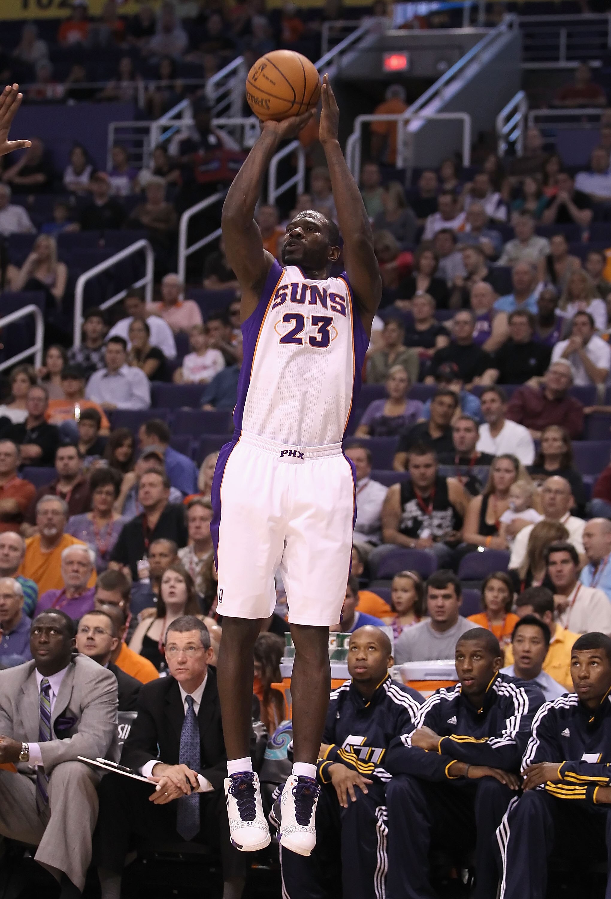 PHOENIX - OCTOBER 12:  Jason Richardson #23 of the Phoenix Suns attempts a three point shot against the Utah Jazz during the preseason NBA game at US Airways Center on October 12, 2010 in Phoenix, Arizona. NOTE TO USER: User expressly acknowledges and agr