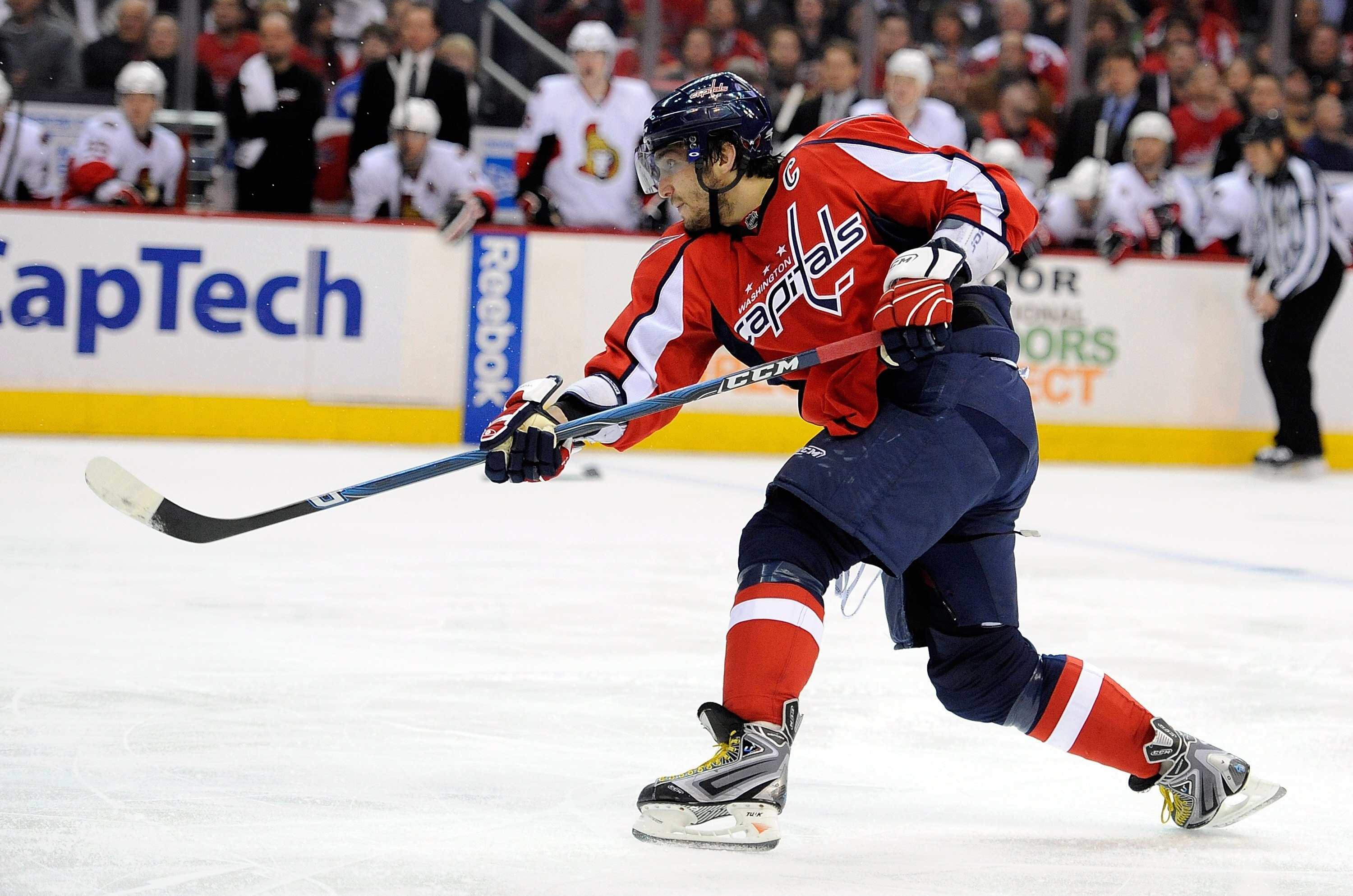 WASHINGTON - MARCH 30:  Alex Ovechkin #8 of the Washington Capitals shoots the puck against the Ottawa Senators at the Verizon Center on March 30, 2010 in Washington, DC.  (Photo by Greg Fiume/Getty Images)
