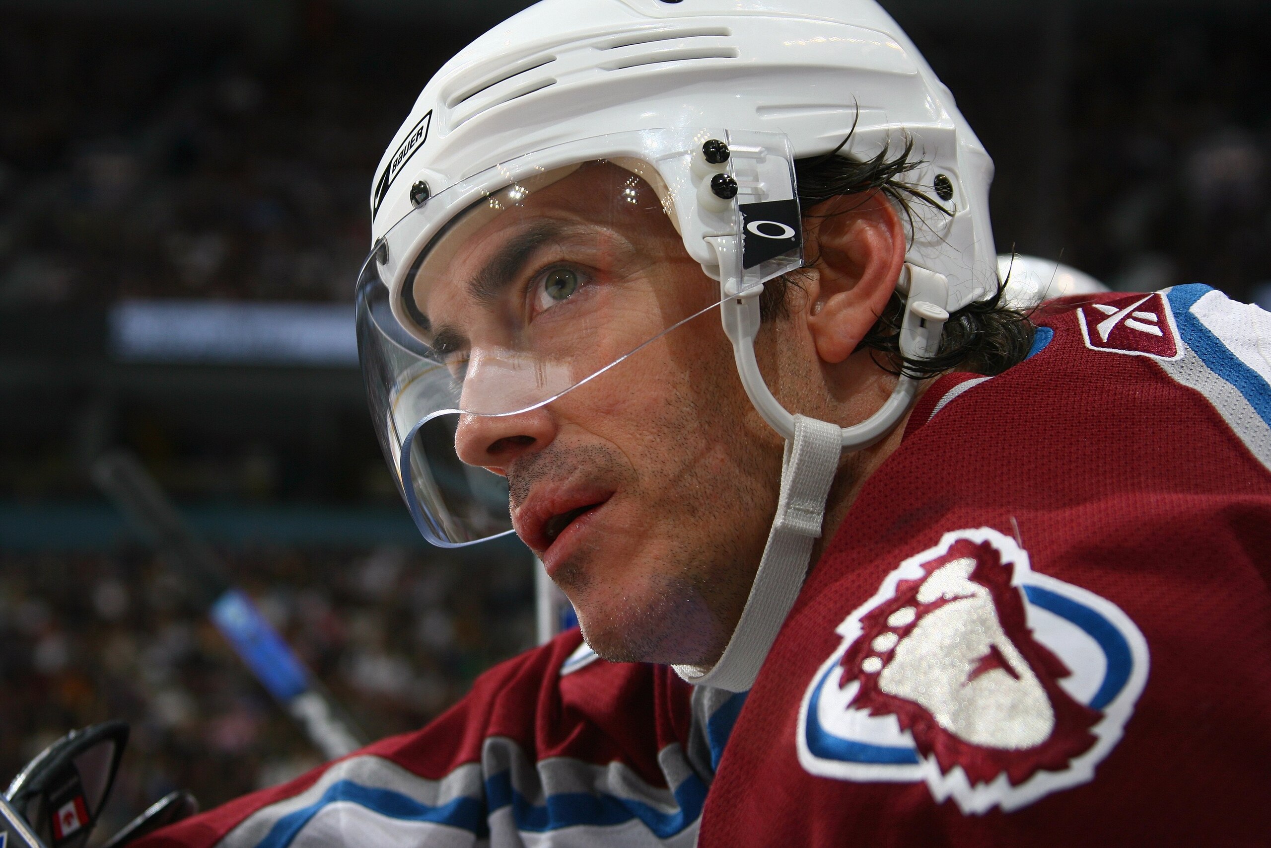 VANCOUVER, BC - APRIL 5:  Joe Sakic #19 of the Colorado Avalanche looks on against the Vancouver Canucks at General Motors Place on April 5, 2007 in Vancouver, British Columbia, Canada. The Avalanche won 3-1. (Photo by Jeff Vinnick/Getty Images)