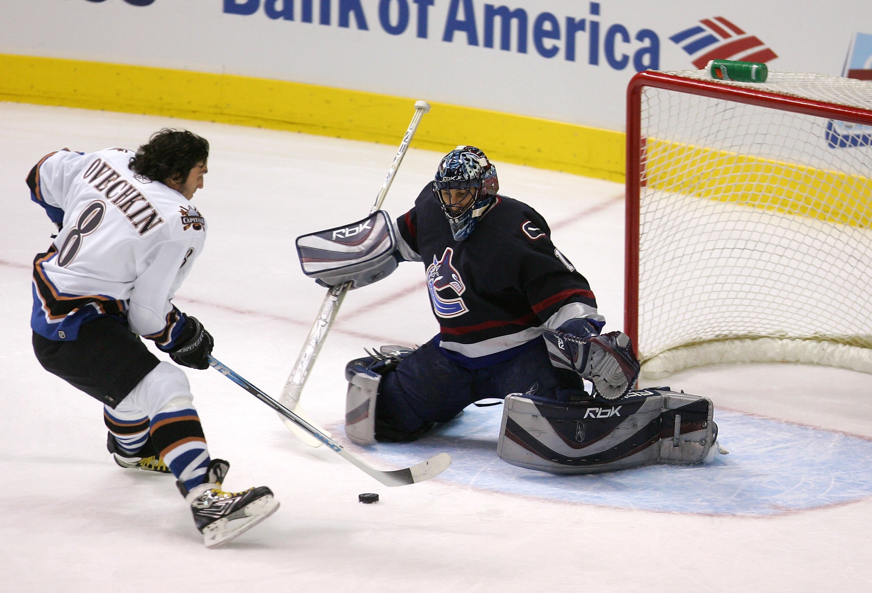 DALLAS - JANUARY 23:  Eastern Conference All-Star Alex Ovechkin #8 of the Washington Capitals scores a goal against Western Conference All-Star goaltender Roberto Luongo #1 of the Vancouver Canucks during the 'Shootout' in the 2007 NHL All-Star Skills Gam