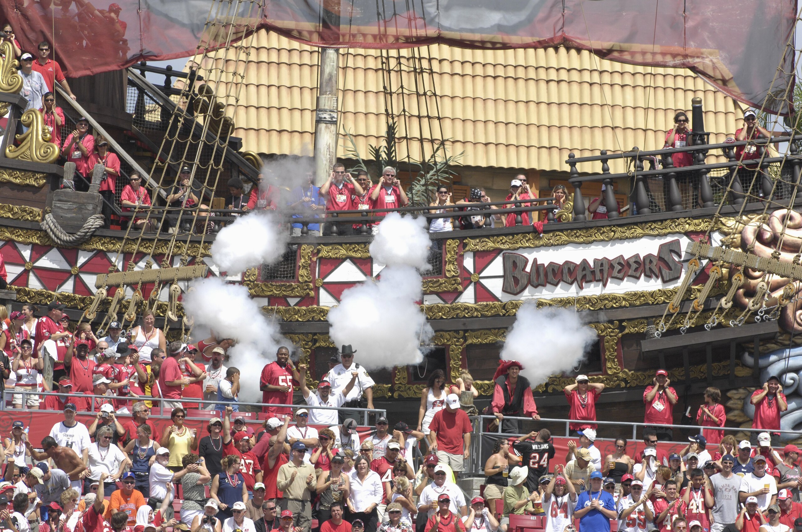 TAMPA, FL - SEPTEMBER 23:  Pirates aboard the Tampa Bay Buccaneers end zone ship entertain with a volley of fireworks during play against the St. Louis Rams at Raymond James Stadium on September 23, 2007 in Tampa, Florida. The  Bucs won 24 - 3. (Photo by