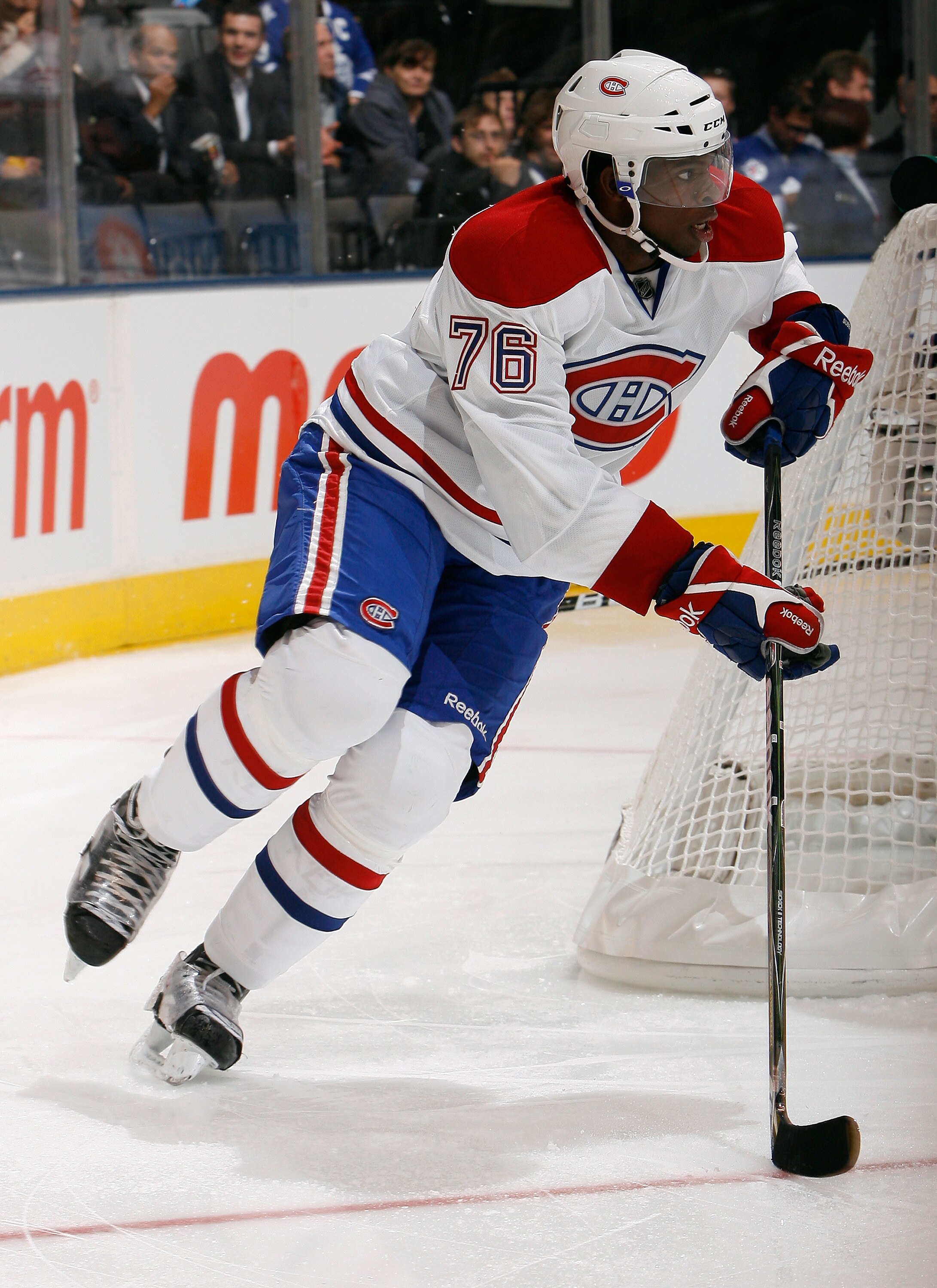 TORONTO, CANADA - OCTOBER 07: P.K. Subban #76 of the Montreal Canadiens carries the puck during a regular season NHL game against the Toronto Maple Leafs at the Air Canada Centre October 7, 2010 in Toronto, Ontario, Canada. (Photo by Abelimages/Getty Imag