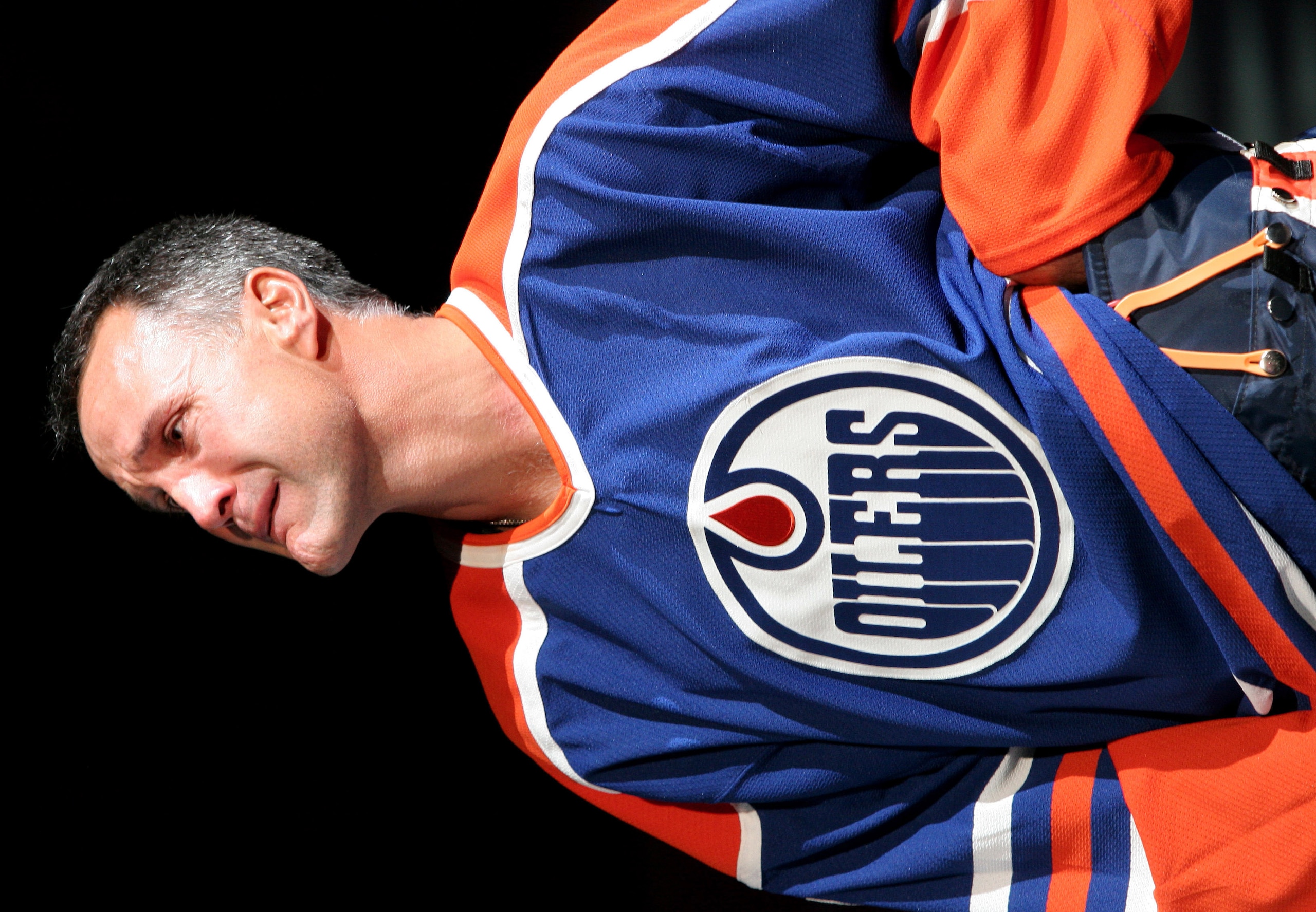 EDMONTON, CANADA - OCTOBER 18:  Edmonton Oiler great Paul Coffey fights back tears as he watches his number 7 retirement banner being raised to the rafters during a special ceremony on October 18, 2005 at Rexall Place in Edmonton, Alberta, Canada.  (Photo