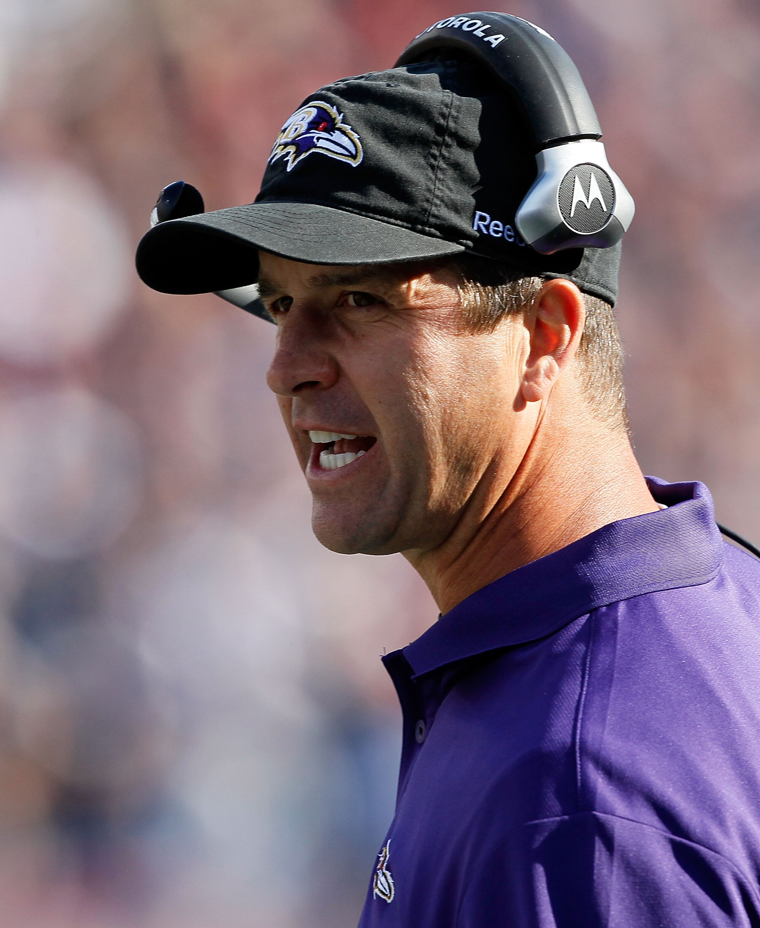 FOXBORO, MA - OCTOBER 17:  Coach John Harbaugh of the Baltimore Ravens screams instructions in the second half in a game against the New England Patriots before a game at  at Gillette Stadium on October 17, 2010 in Foxboro, Massachusetts. (Photo by Jim Ro