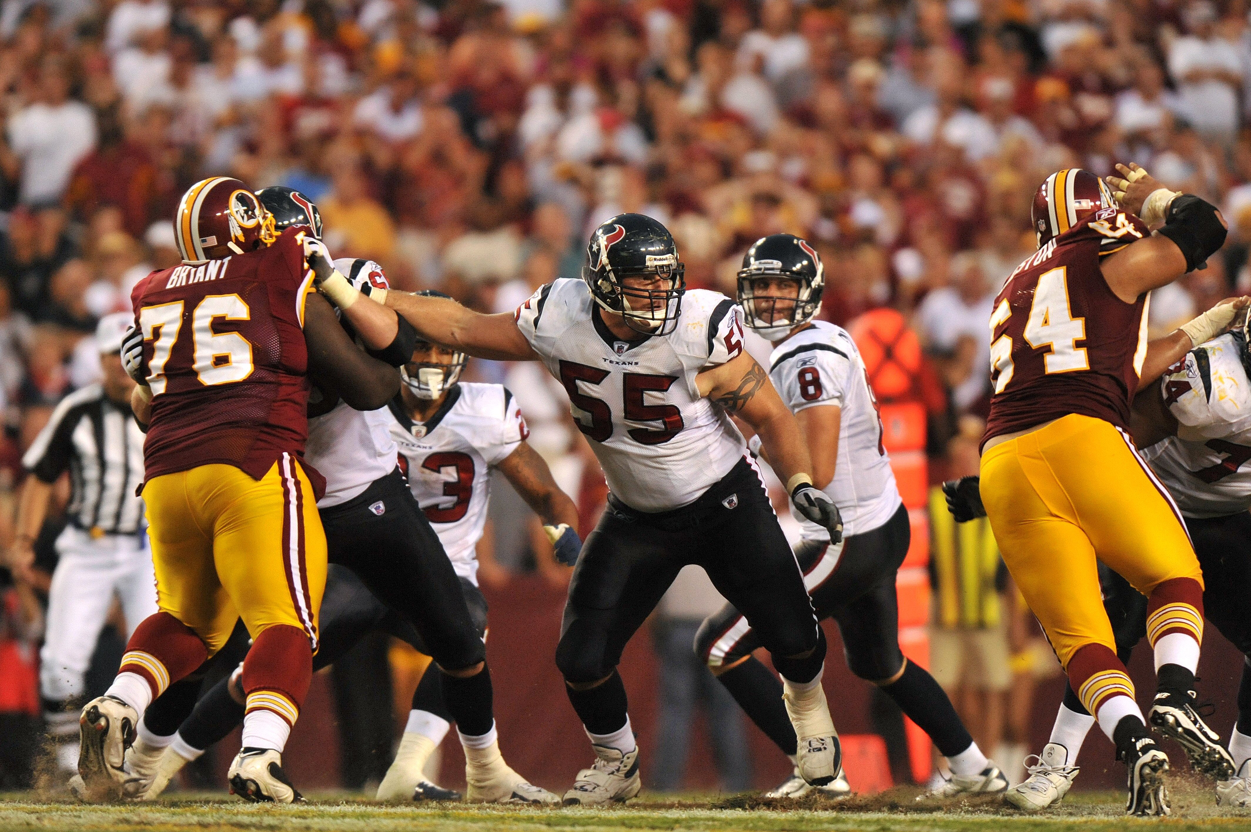 LANDOVER - SEPTEMBER 19:  Chris Myers #55 of the Houston Texans defends against the Washington Redskins at FedExField on September 19, 2010 in Landover, Maryland. The Texans defeated the Redskins in overtime 30-27. (Photo by Larry French/Getty Images)
