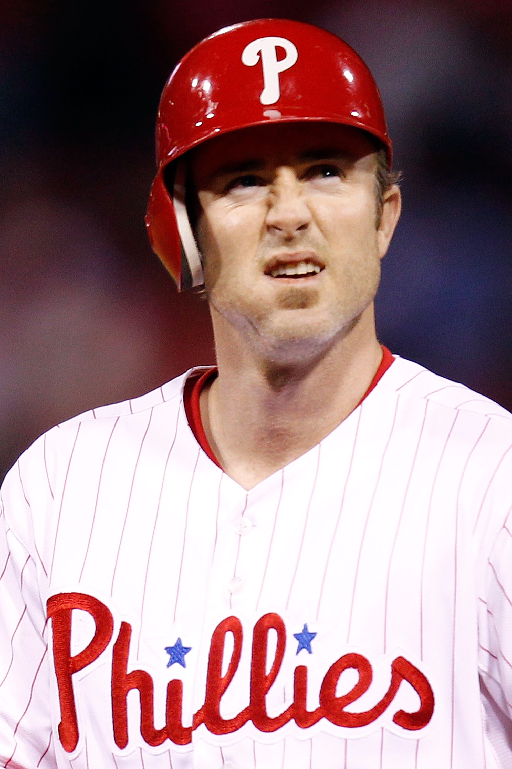 PHILADELPHIA - OCTOBER 16:  Chase Utley #26 of the Philadelphia Phillies looks on against the San Francisco Giants in Game One of the NLCS during the 2010 MLB Playoffs at Citizens Bank Park on October 16, 2010 in Philadelphia, Pennsylvania.  (Photo by Jef