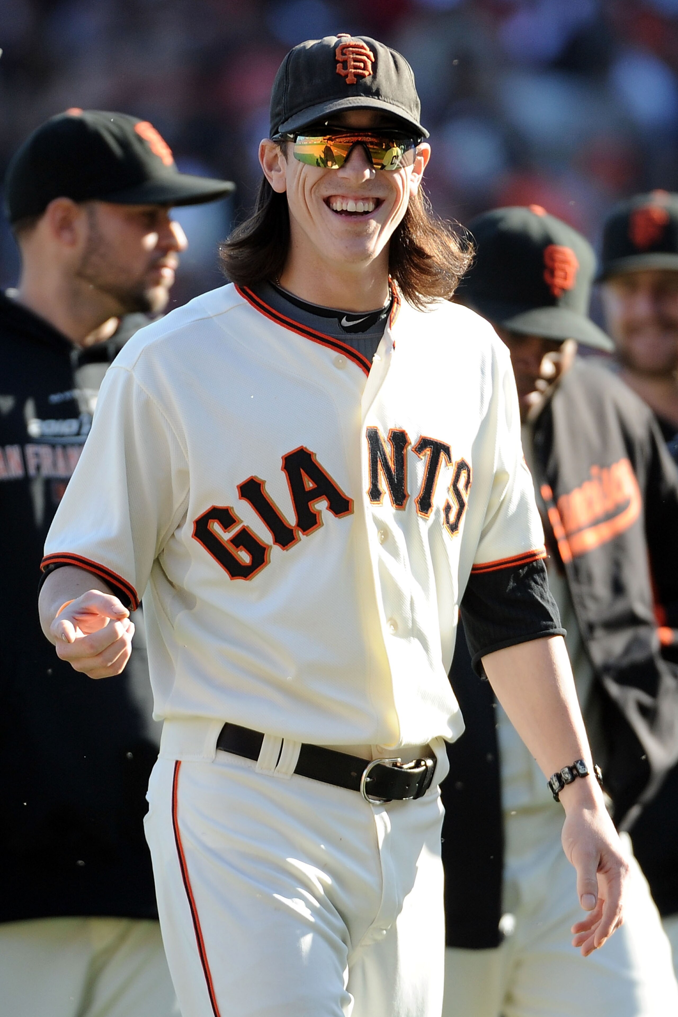 SAN FRANCISCO - OCTOBER 19:  Tim Lincecum #55 of the San Francisco Giants celebrates after the Giants beat the Philadelphia Phillies 3-0 in Game Three of the NLCS during the 2010 MLB Playoffs at AT&T Park on October 19, 2010 in San Francisco, California. 