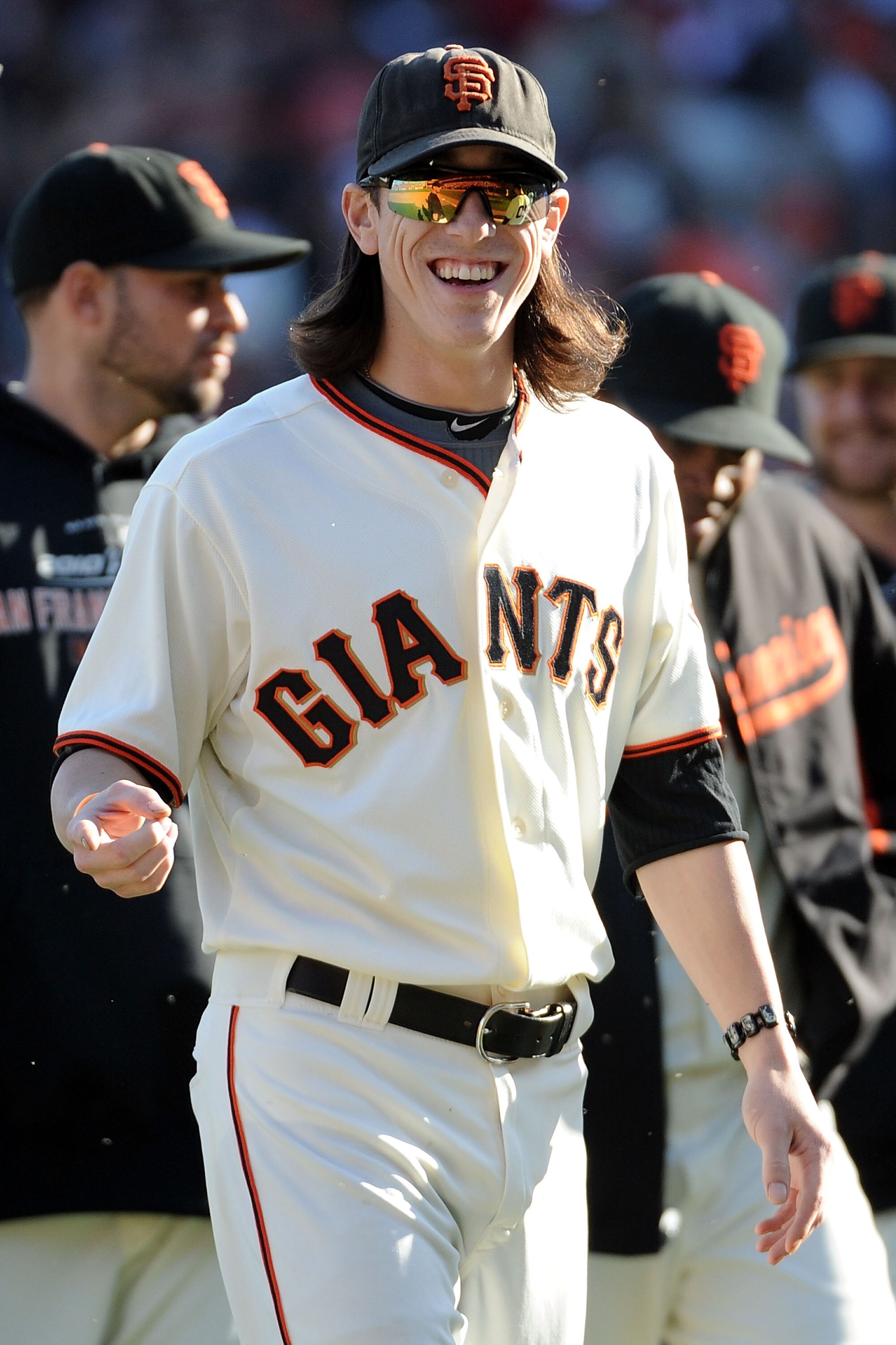 SAN FRANCISCO - OCTOBER 19:  Tim Lincecum #55 of the San Francisco Giants celebrates after the Giants beat the Philadelphia Phillies 3-0 in Game Three of the NLCS during the 2010 MLB Playoffs at AT&T Park on October 19, 2010 in San Francisco, California. 