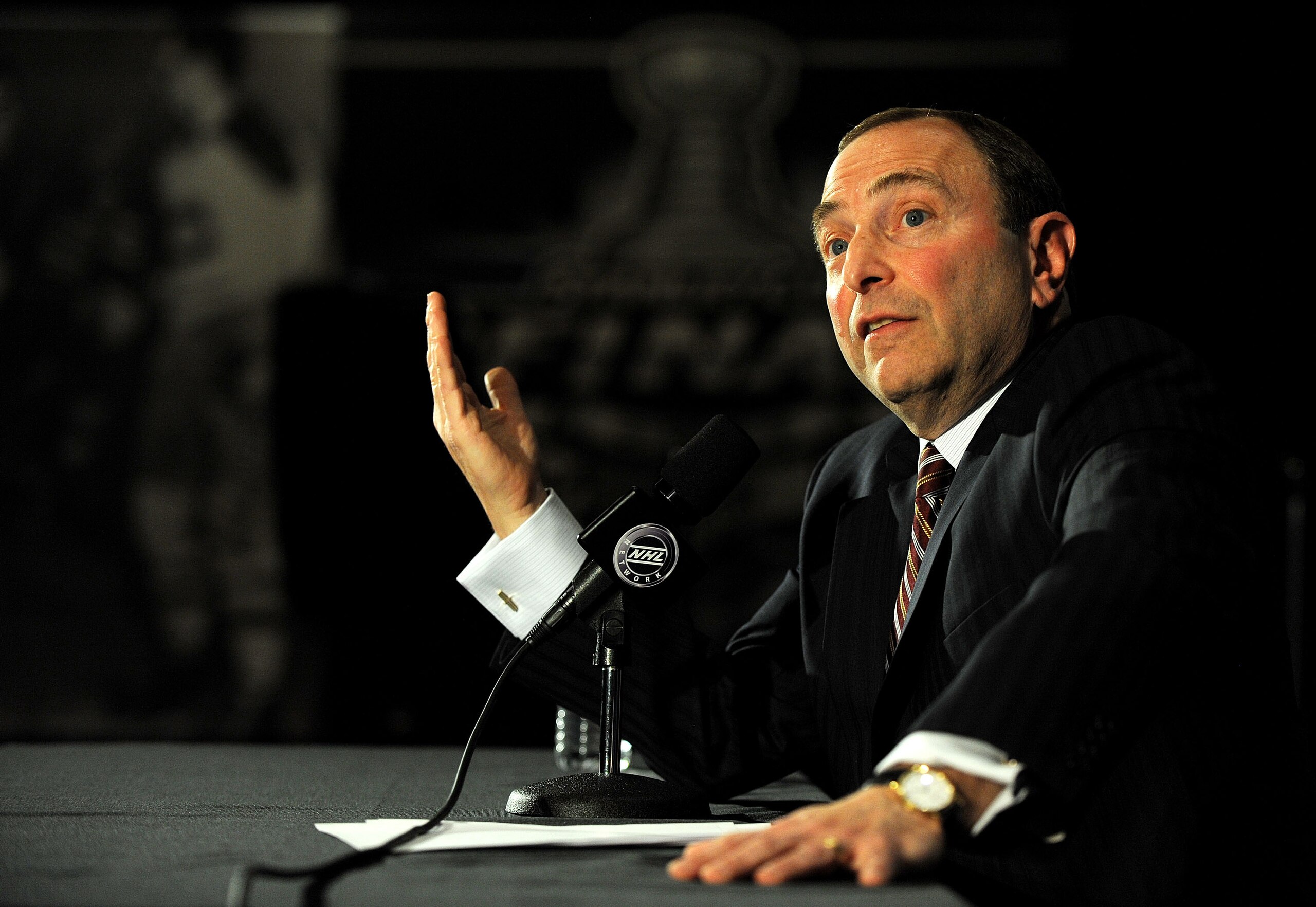 DETROIT - MAY 30:  Gary Bettman speaks during a press conference prior to the start of Game 1 of the 2009 Stanley Cup Finals between the Pittsburgh Penguins and the Detroit Red Wings at the Renaissance Center on May 30, 2009 in Detroit, Michigan.  (Photo